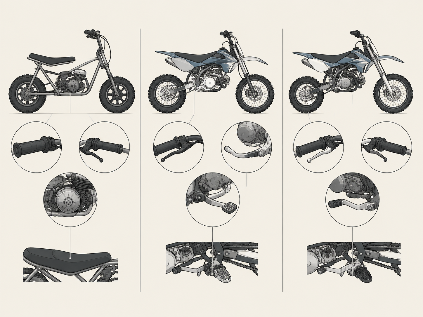Technical diagram comparing handlebar controls, foot shifters, and frame geometry across mini bikes, semi-automatic pit bikes, and manual pit bikes.