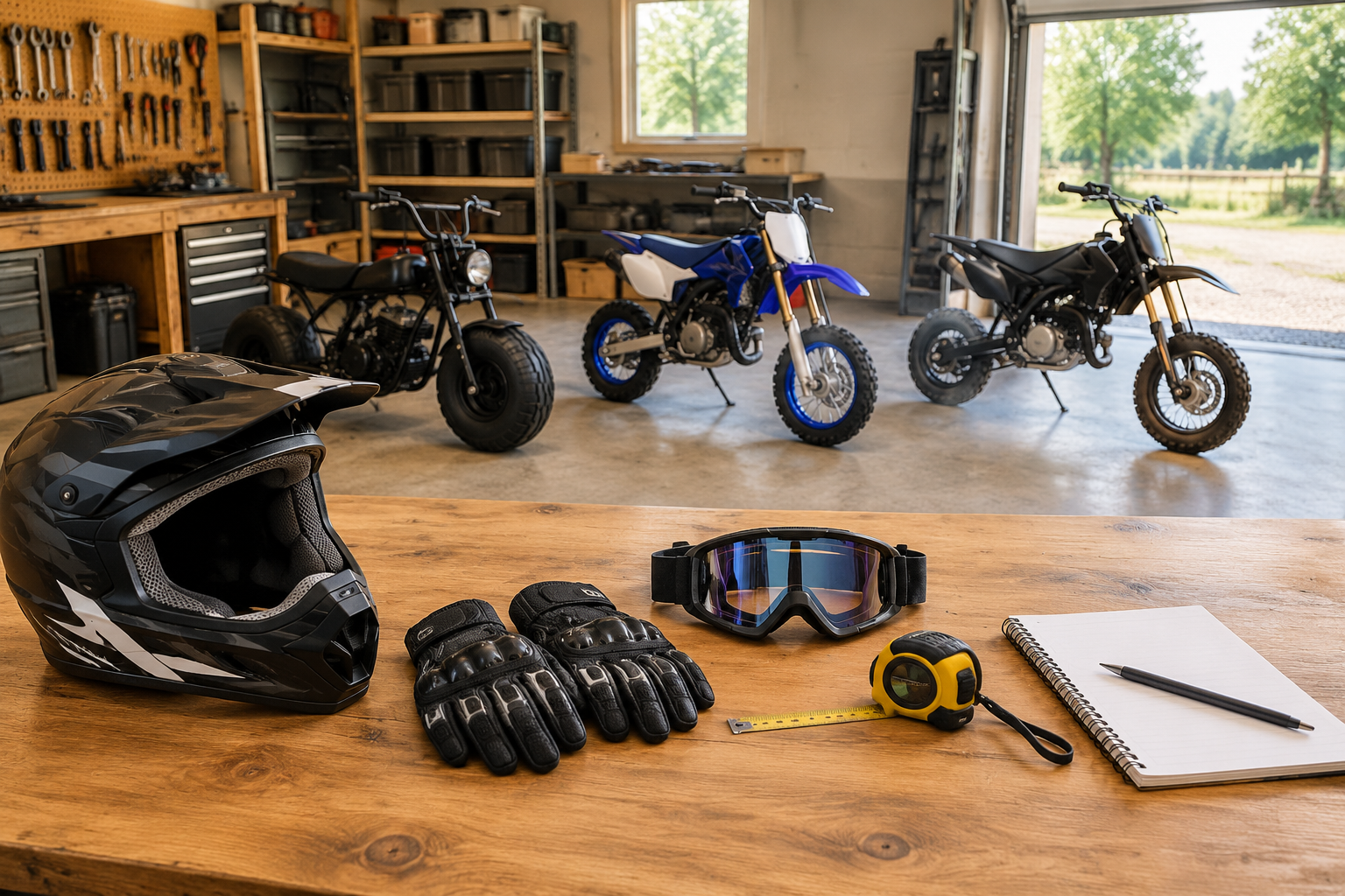 A workshop staging area showing beginner protective gear on a wooden bench in front of three generic compact off-road bike silhouettes.