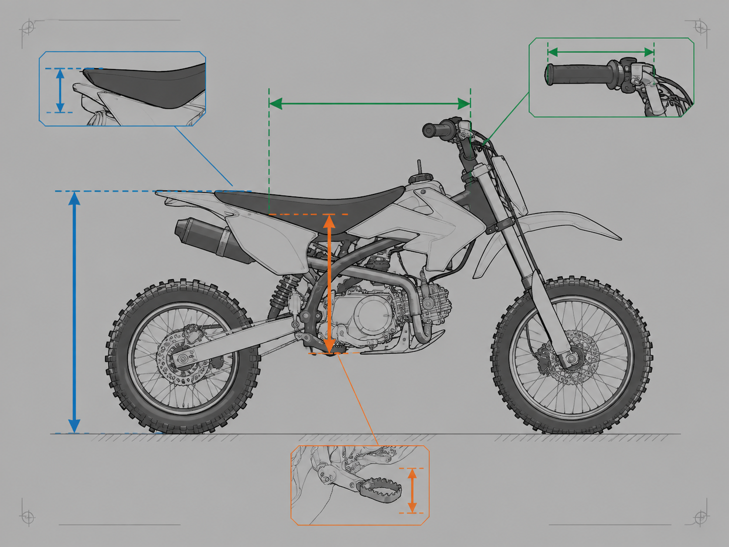 Technical diagram showing rider fit dimensions on a pit bike silhouette, comparing seat height, handlebar reach, and footpeg distance.