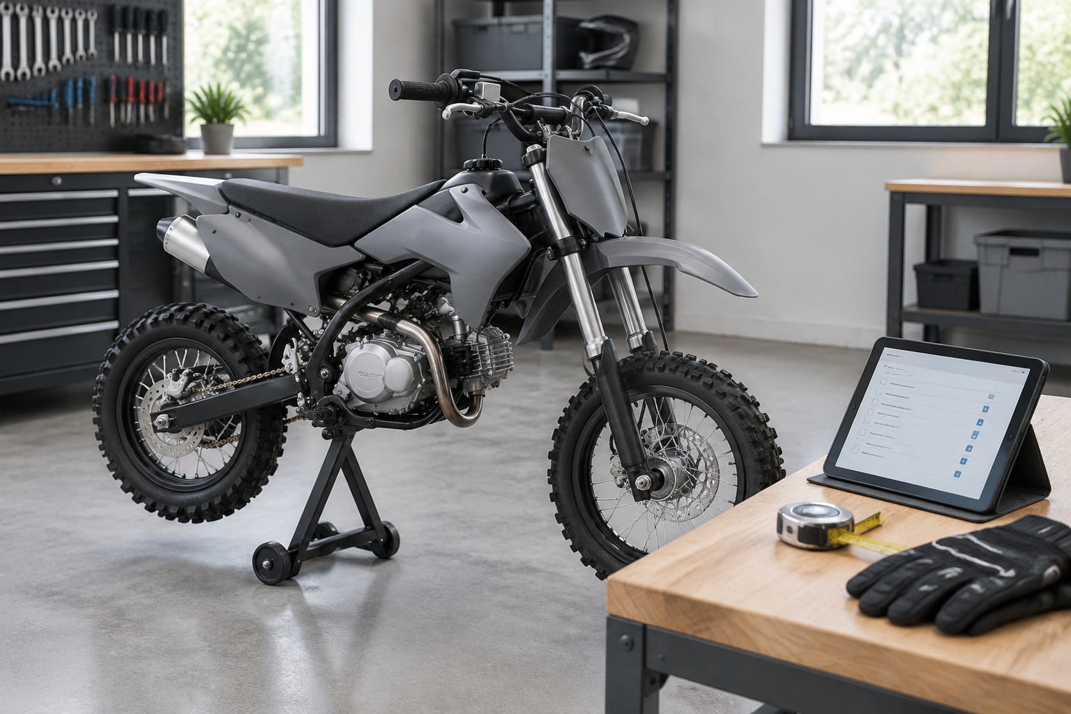 A compact unbranded pit bike parked on a stand in a workshop next to measurement tools and an evaluation checklist.