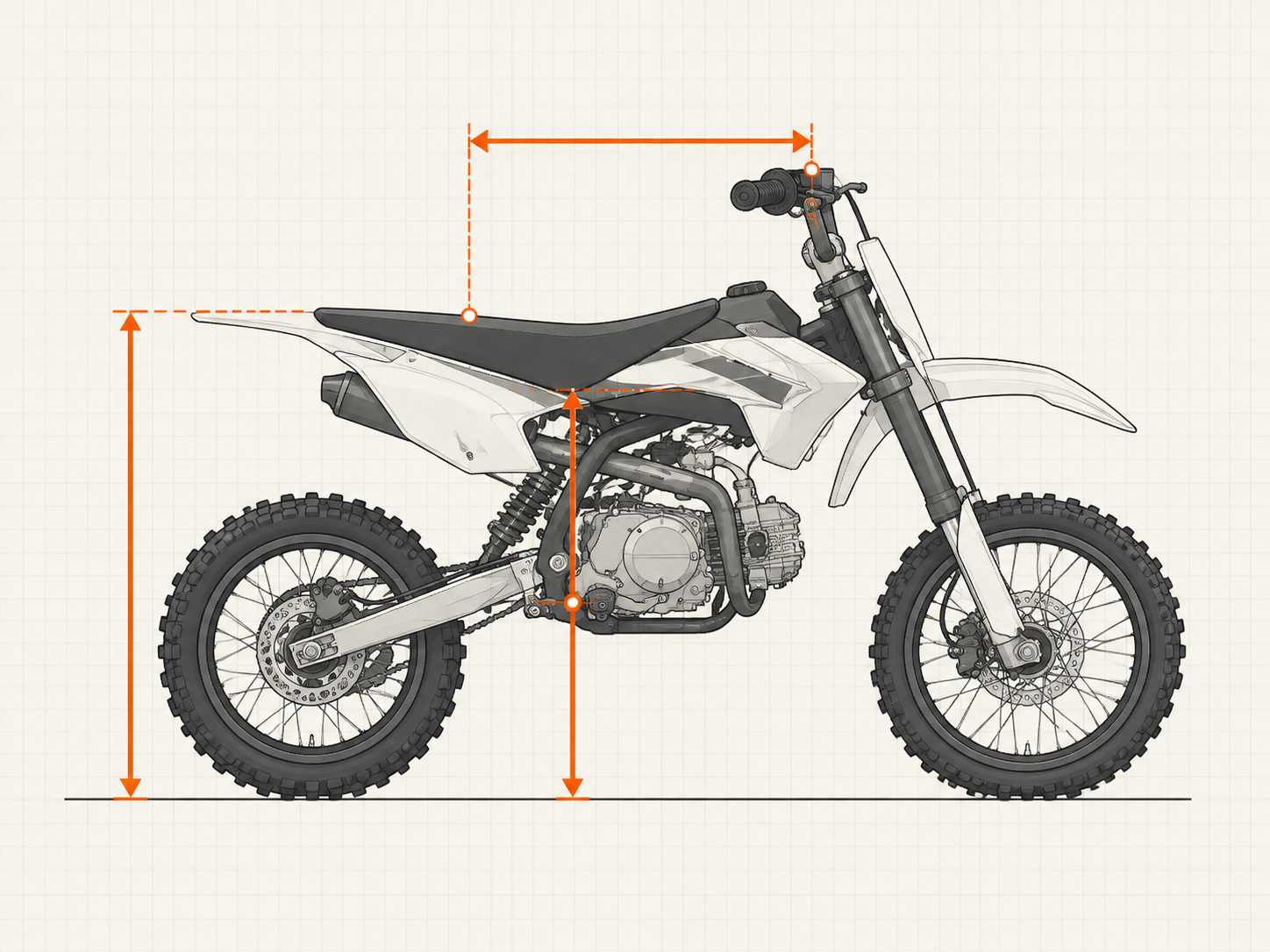 Technical diagram showing critical ergonomic measurement points on a compact pit bike silhouette including seat height, footpeg clearance, and handlebar reach.