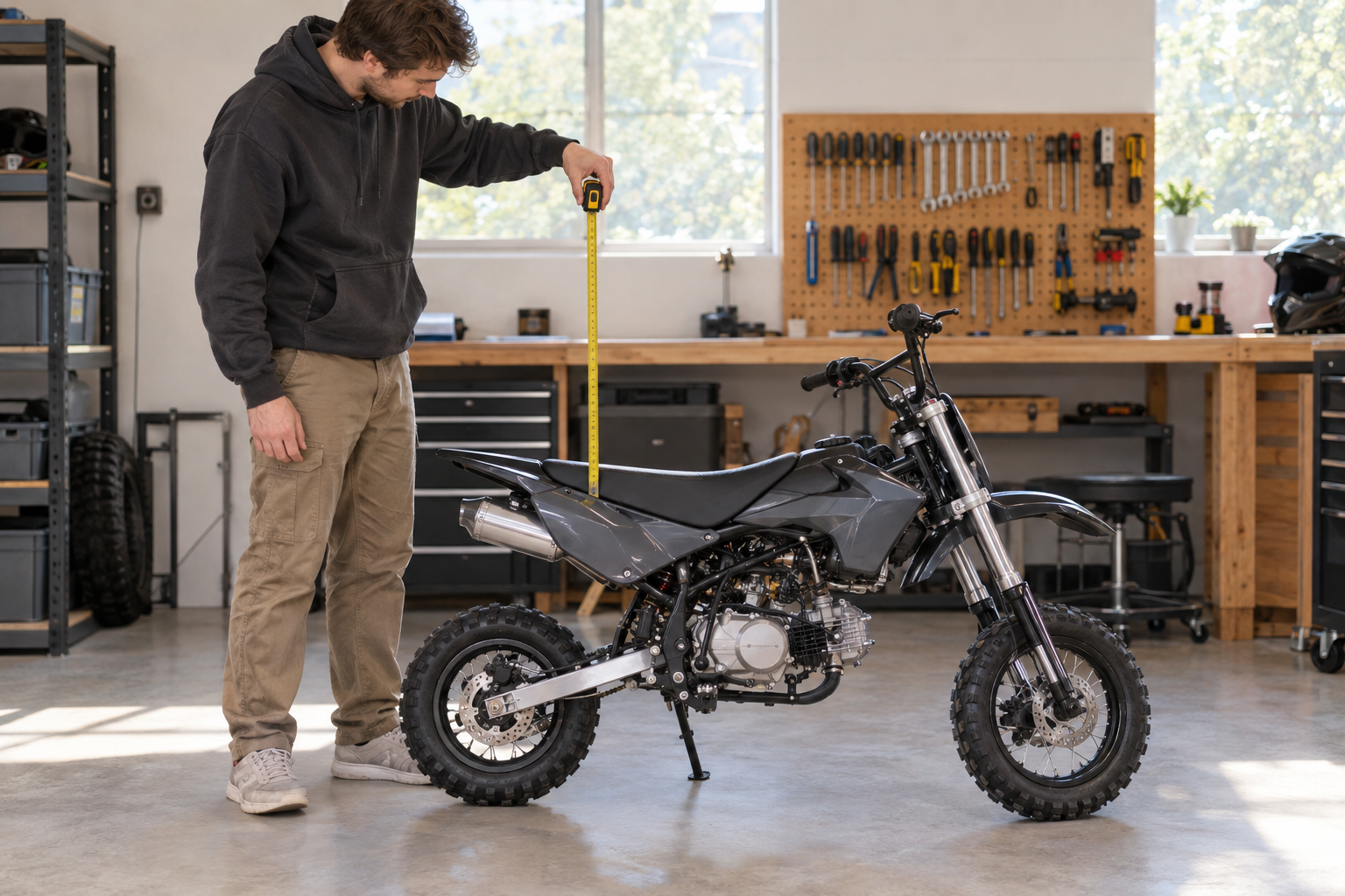 An adult inspecting the seat height and frame proportions of an unbranded compact pit bike in a garage workshop.