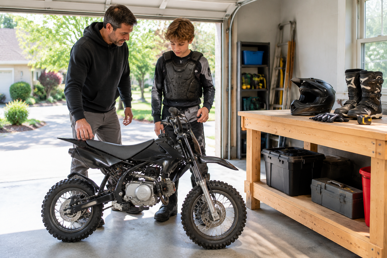 An adult and young rider standing by an unbranded youth pit bike and riding gear in a clean garage.