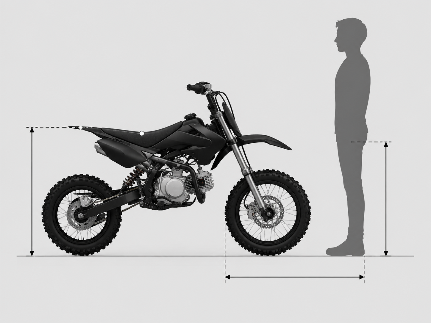 Technical diagram illustrating seat height measurement and rider inseam clearance on a compact youth pit bike profile.