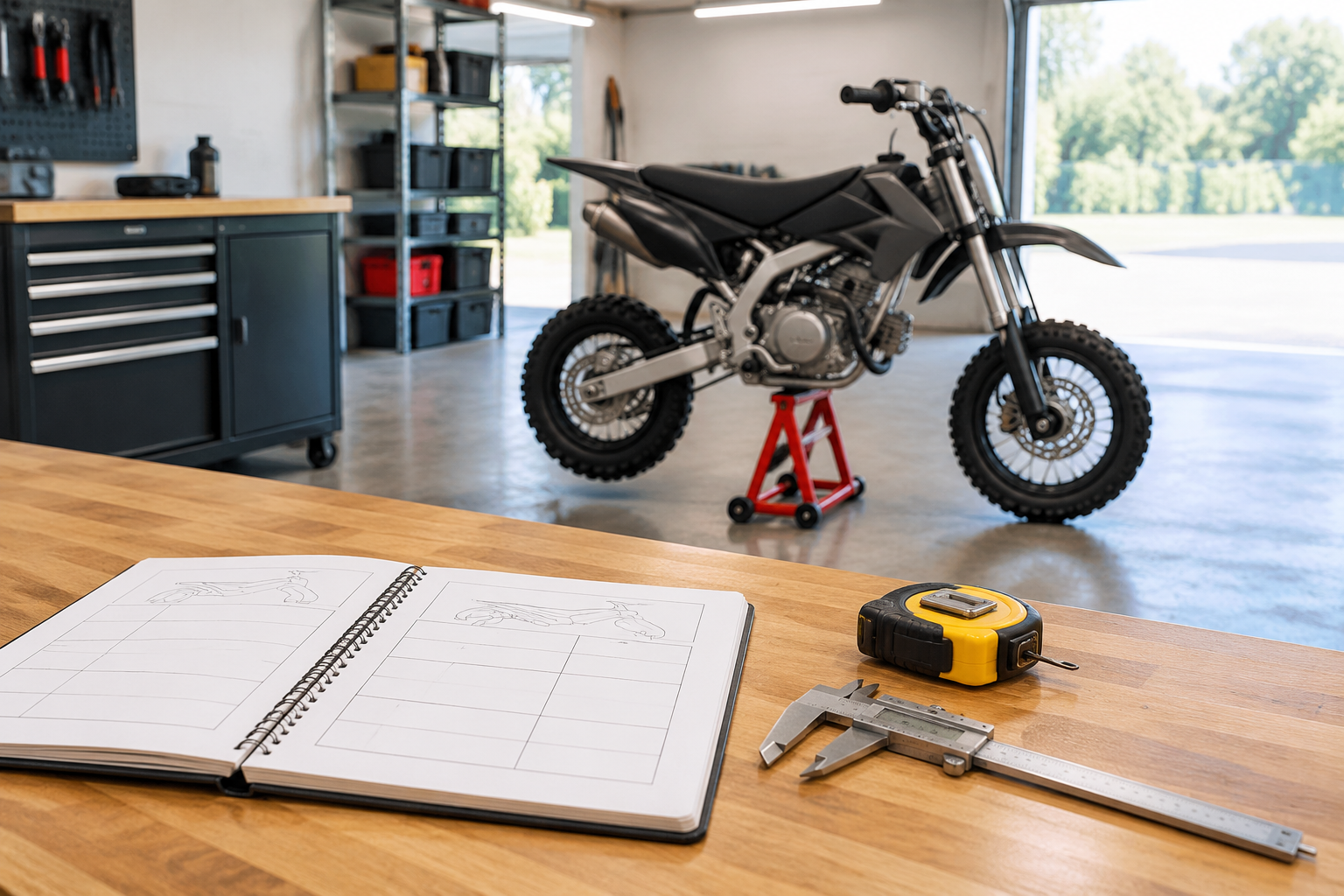 Editorial workshop workbench with a tape measure and notebook in the foreground and a compact pit bike in soft focus in the background.