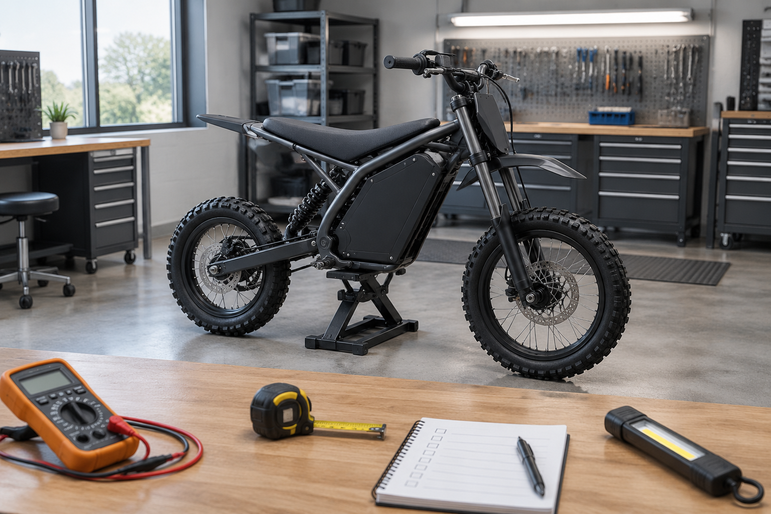 An unbranded compact electric pit bike on a workshop stand next to a clipboard, digital multimeter, and measuring tools.