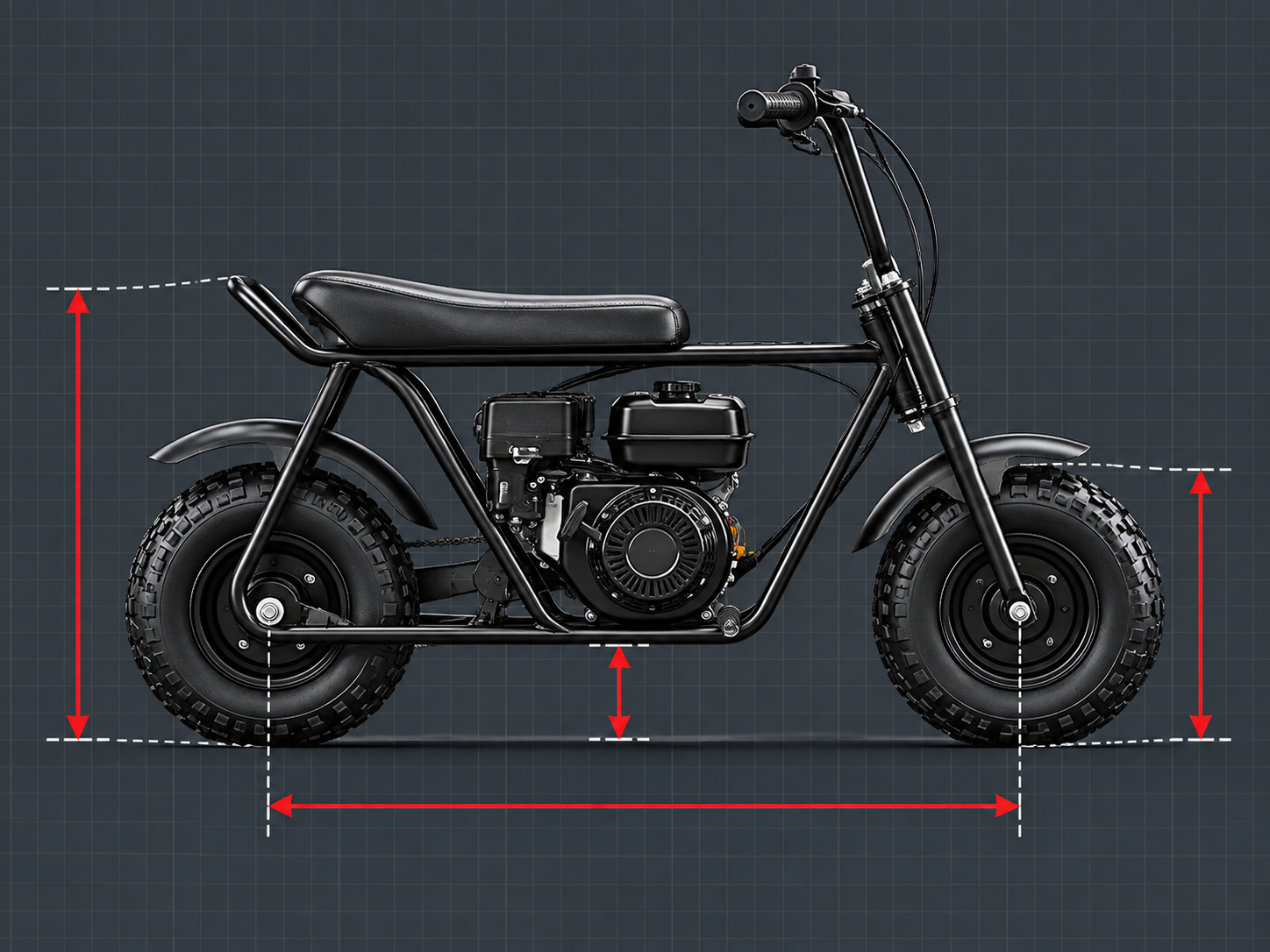 Technical diagram showing key dimensional measurements to confirm on a compact mini bike, including seat height and ground clearance.