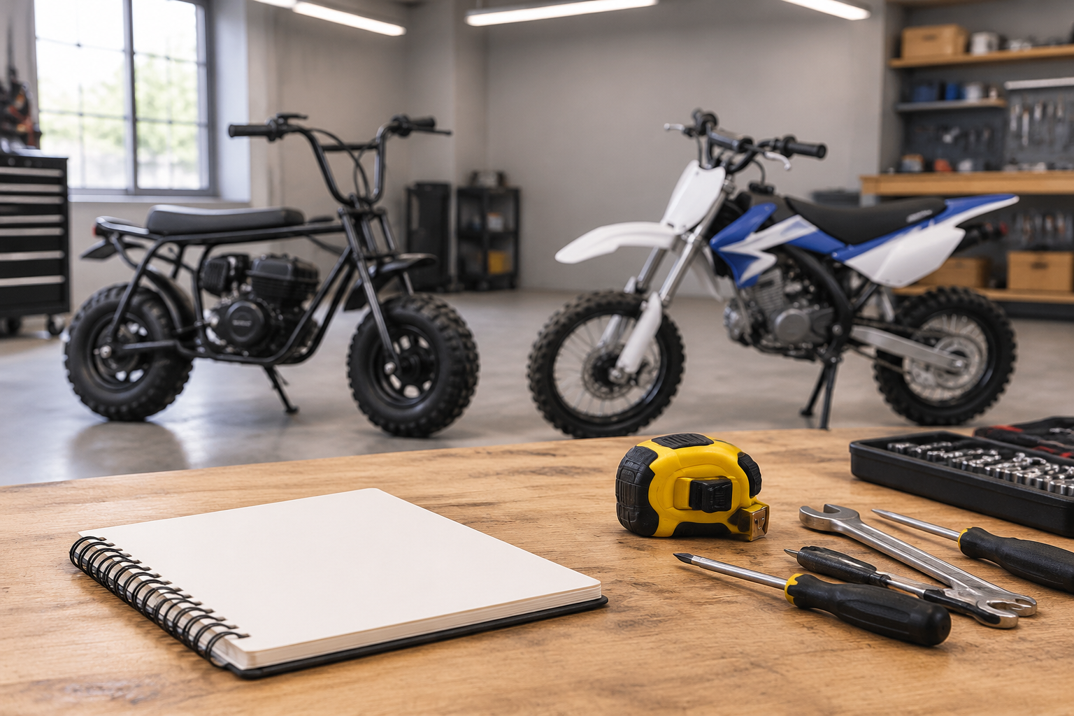 A workshop bench with measuring tools in the foreground and compact mini bikes in soft focus in the background.