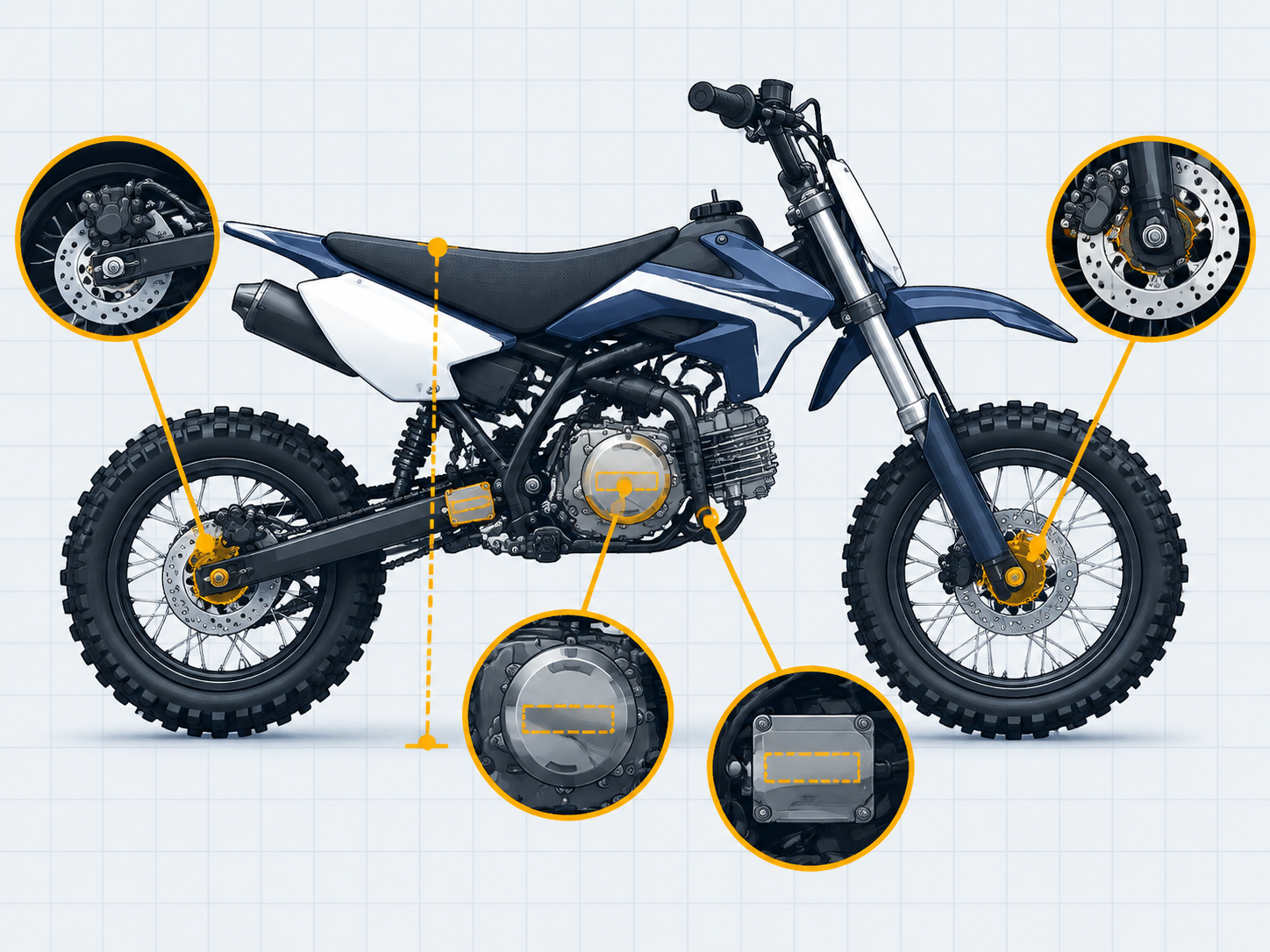 Technical diagram outlining pre-purchase verification points on a mini bike including seat height, engine stamp, motor rating, and disc brakes.