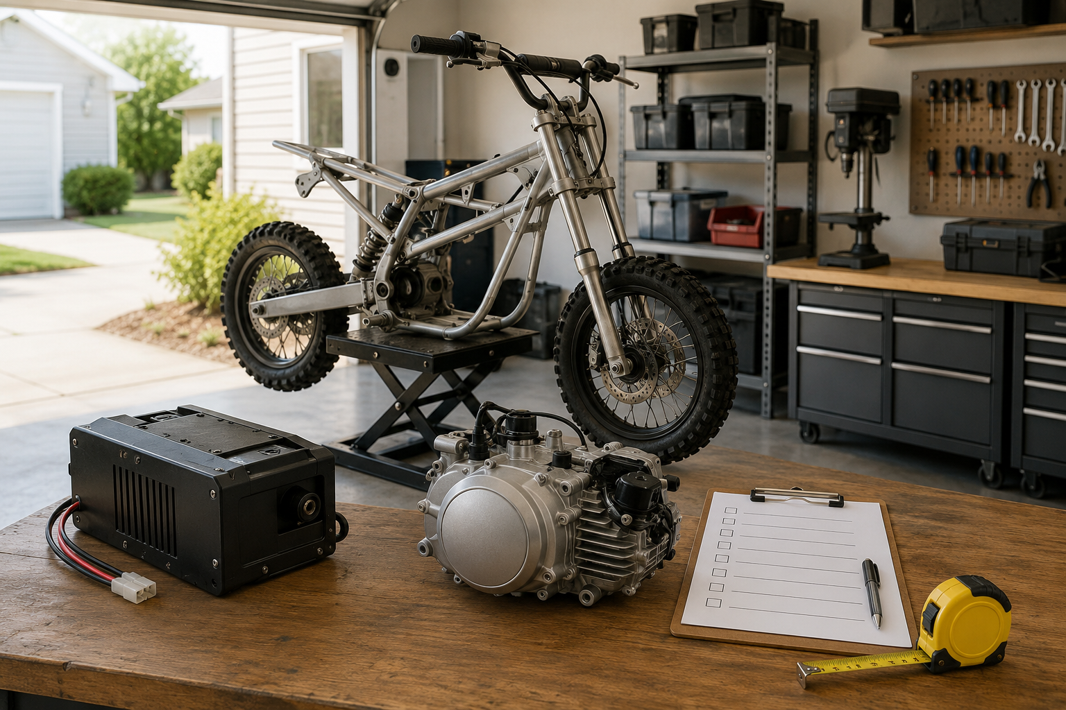 A workshop scene showing an unbranded compact mini bike frame on a stand alongside measurement tools and specification notes.
