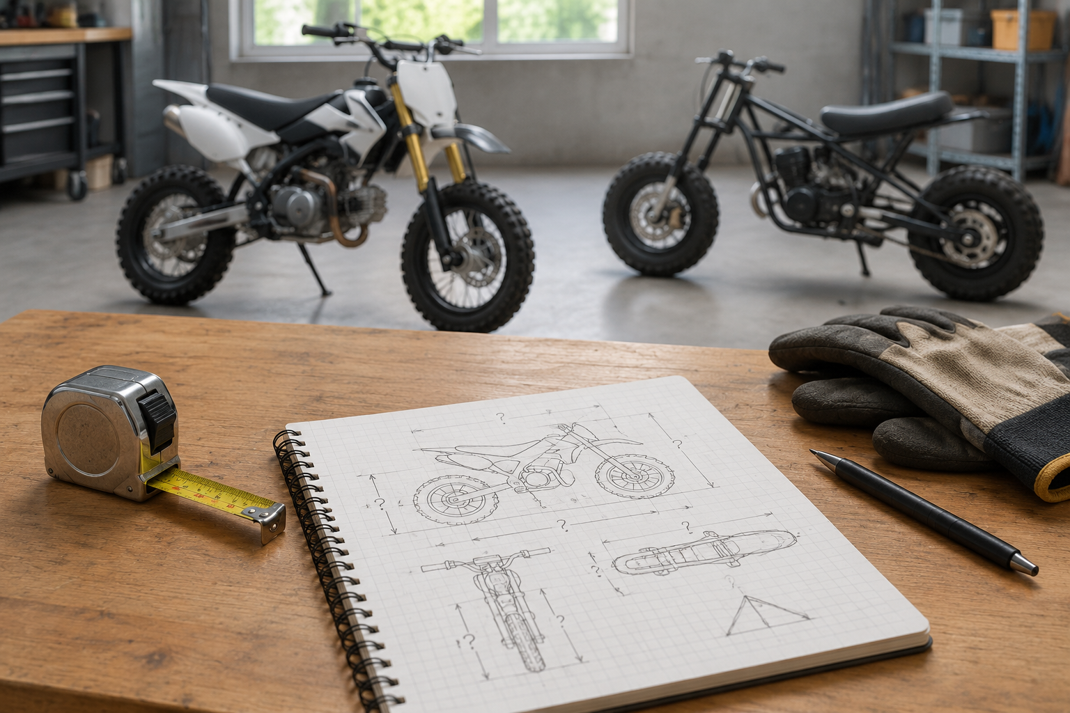 Workshop desk with measuring tools, specification notes, and compact off-road mini bikes in the background.