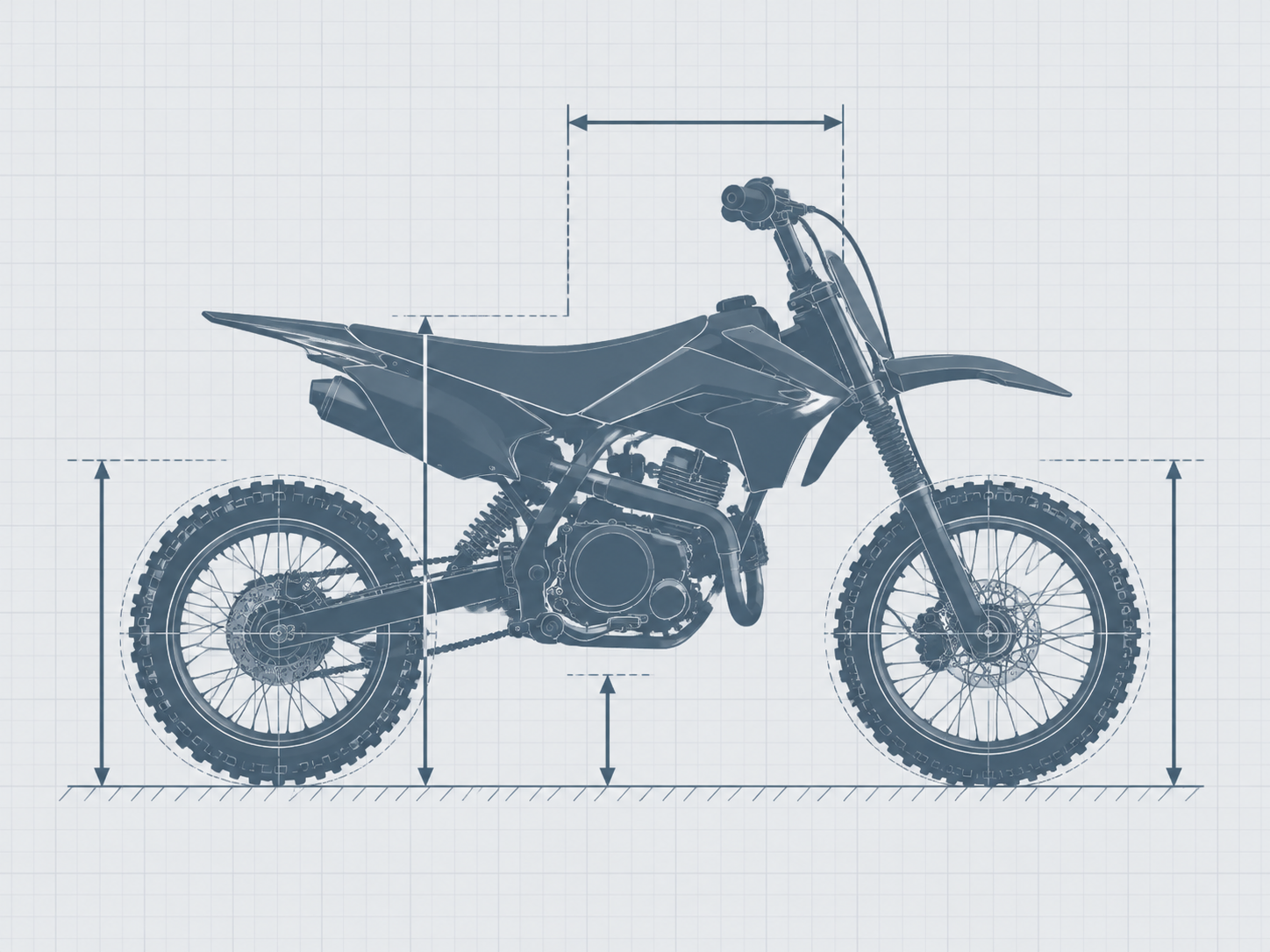 Technical silhouette diagram of a compact off-road bike highlighting critical fit measurements including seat height, wheel diameter, and reach.