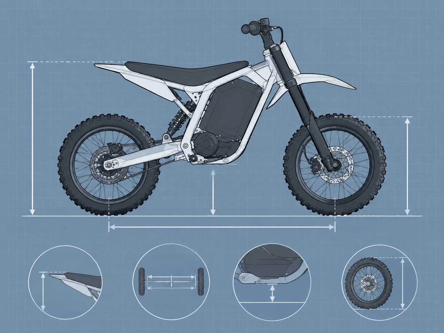 Technical silhouette diagram of a compact electric pit bike highlighting key dimension check points including seat height, wheelbase, and wheel diameter.