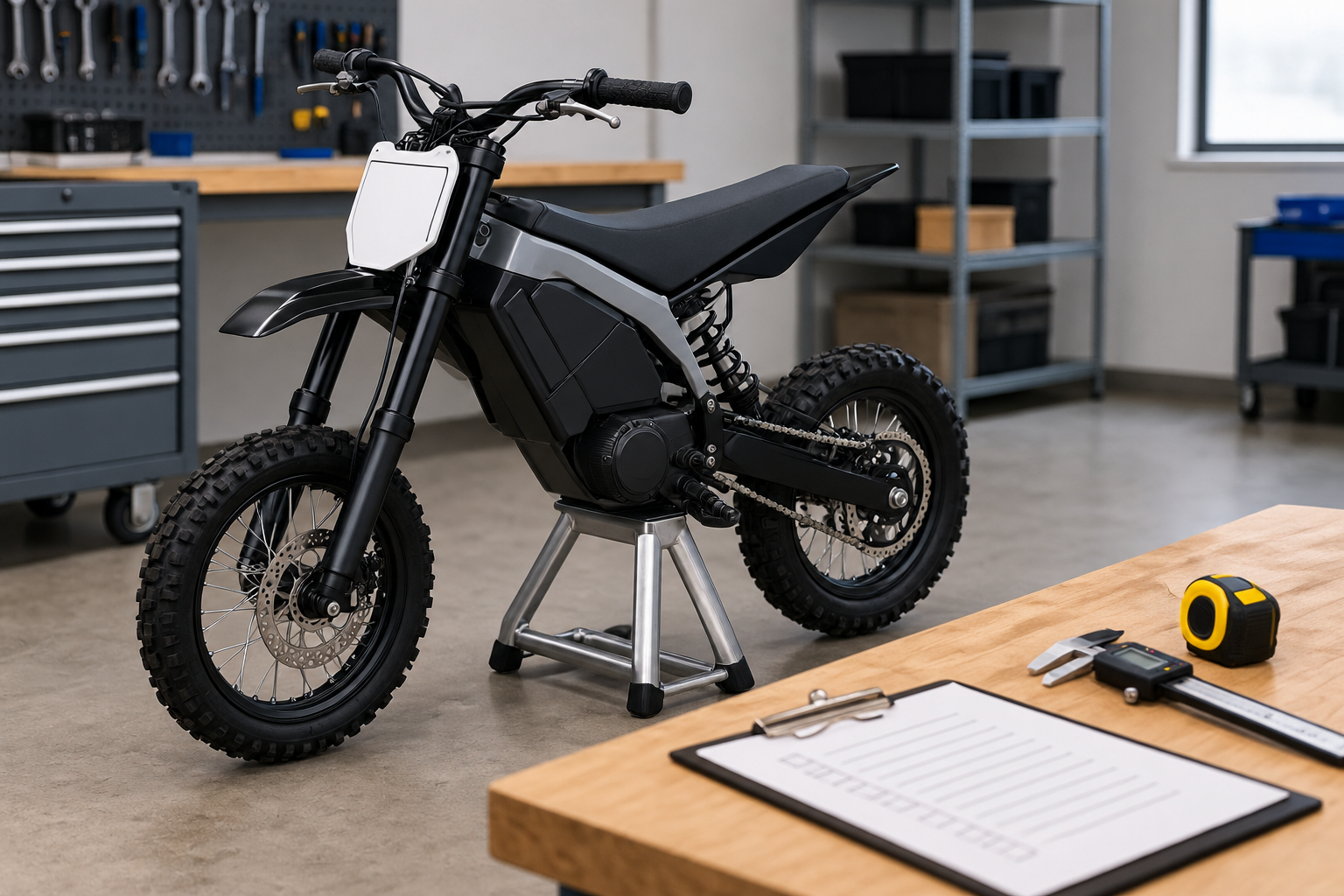 An unbranded compact electric off-road bike on a stand next to measuring tools and an inspection checklist in a workshop.