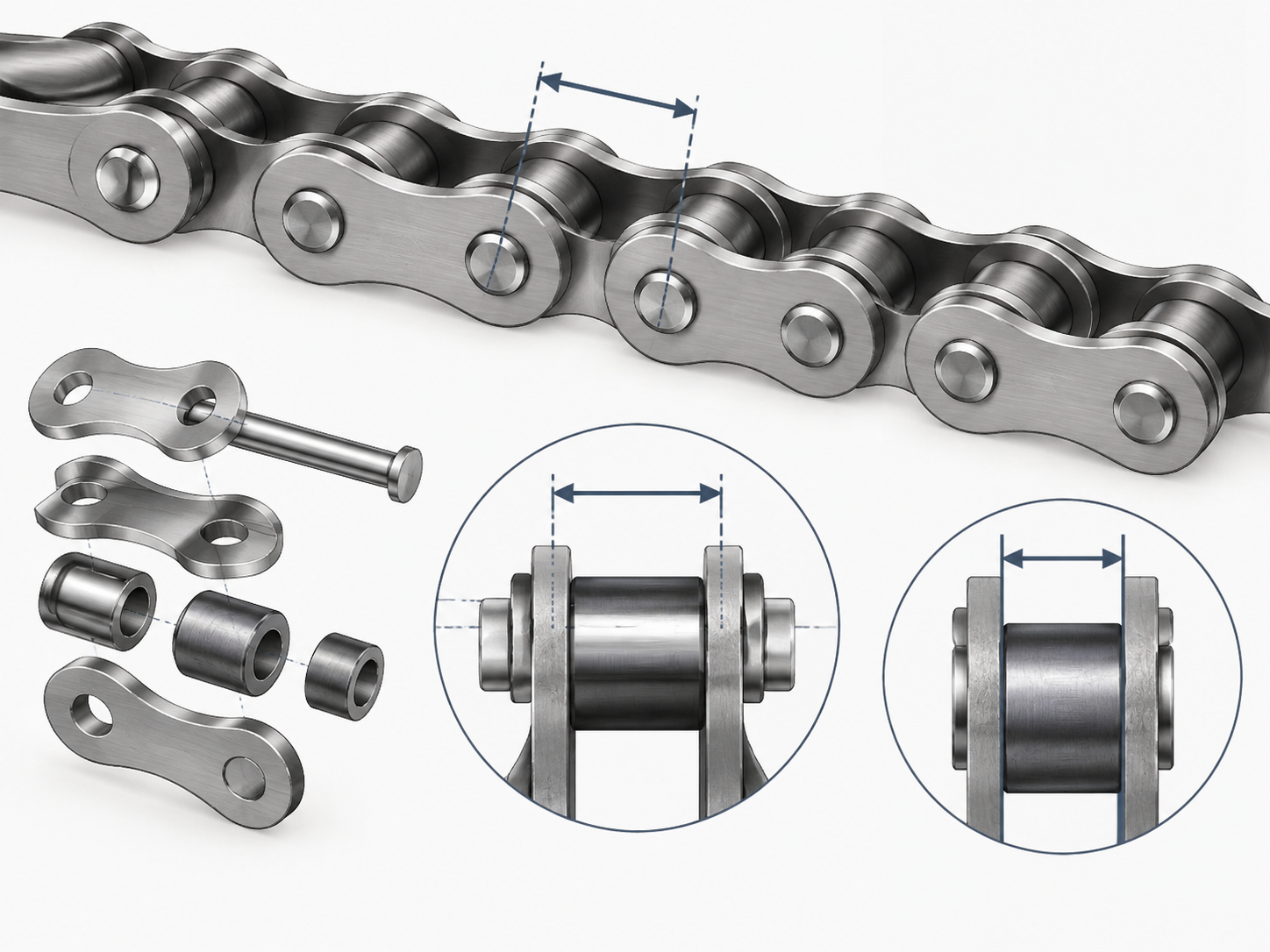 Technical diagram showing the measurement locations for drive chain pitch between pins and roller width between inner plates.