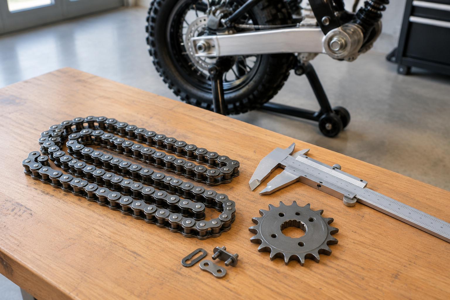 Pit bike drive chain laid out on a workshop bench beside a measuring caliper and rear sprocket for fitment verification.