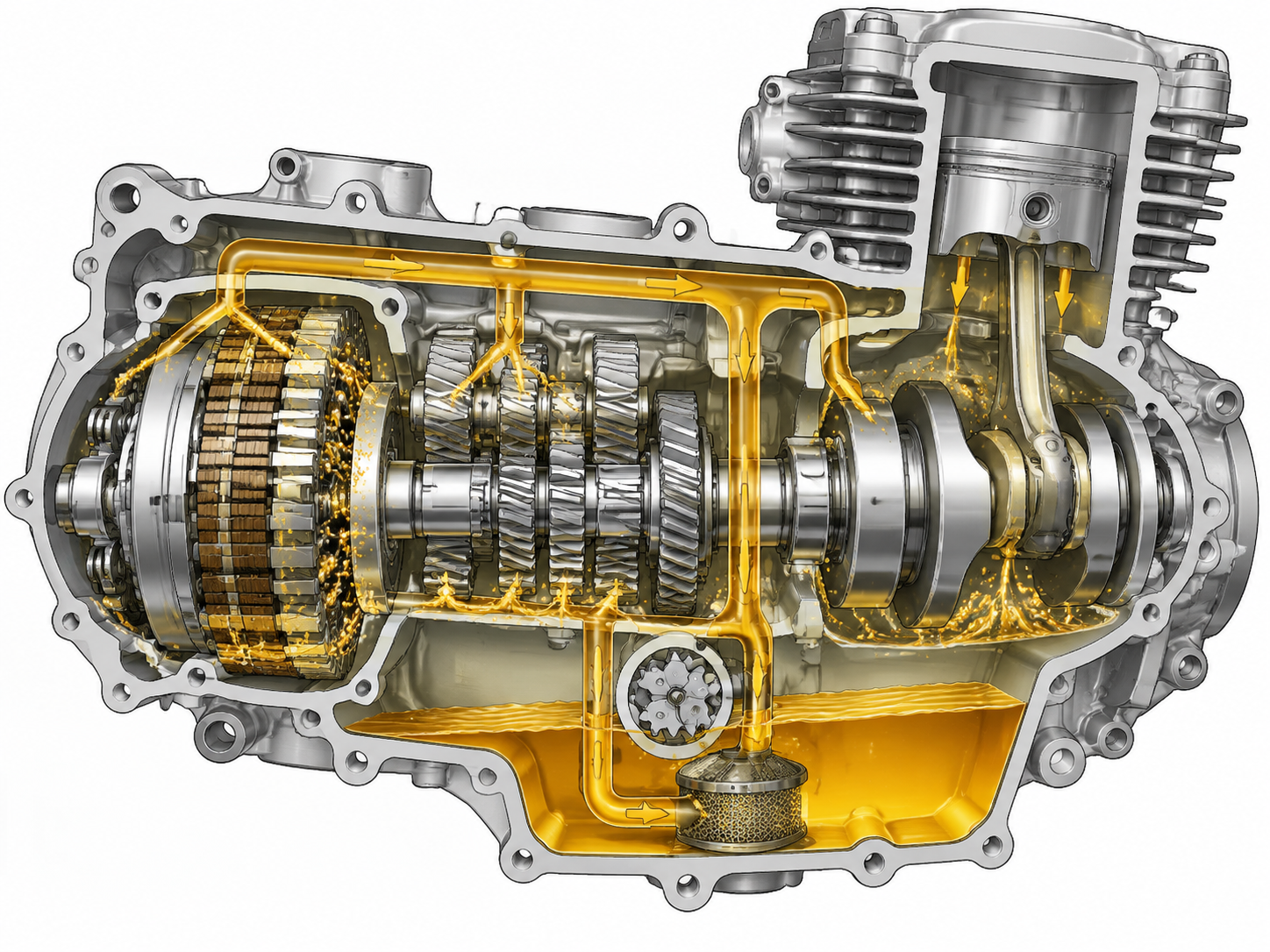Technical diagram showing a shared engine oil circuit bathing the crankcase, transmission gears, and wet clutch assembly