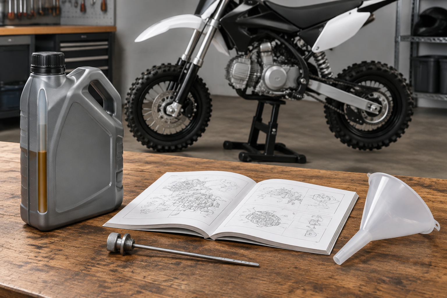 Workshop bench with an unbranded motorcycle oil bottle, service manual, and measuring tools in front of a pit bike