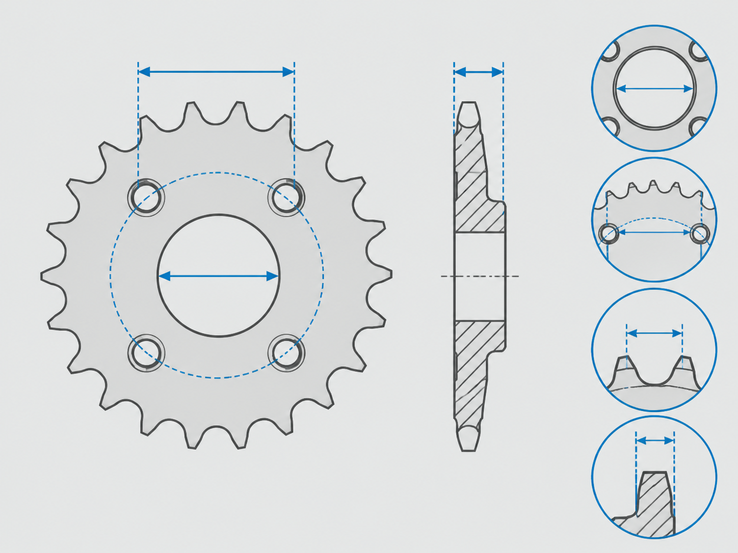 Technical diagram highlighting the center bore, bolt circle diameter, pitch, and dish offset measurement locations on a pit bike sprocket.