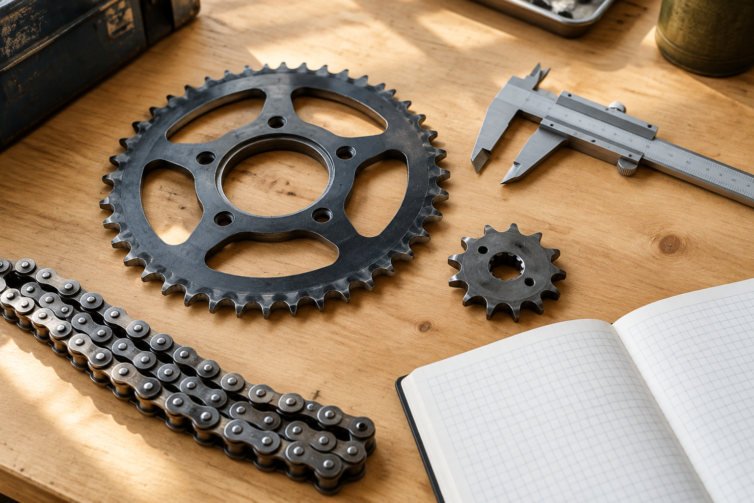 Pit bike sprockets resting on a workshop bench alongside vernier calipers and chain links for measurement verification.
