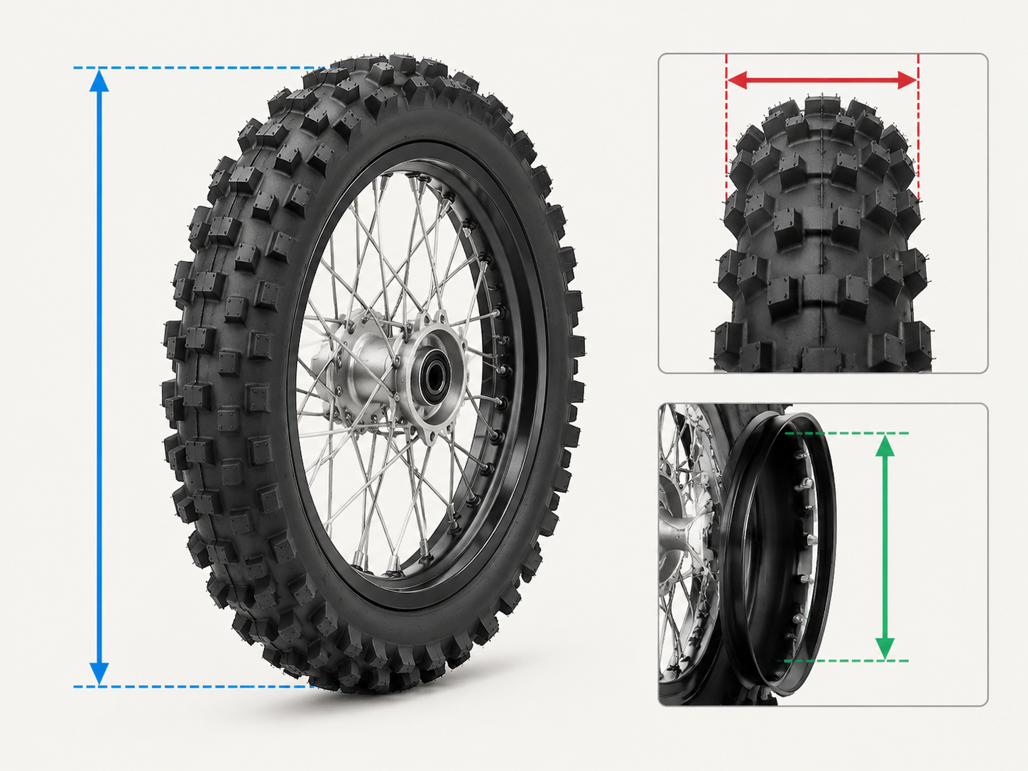 Technical diagram showing where to measure outer diameter, cross-sectional width, and rim diameter on a pit bike wheel.