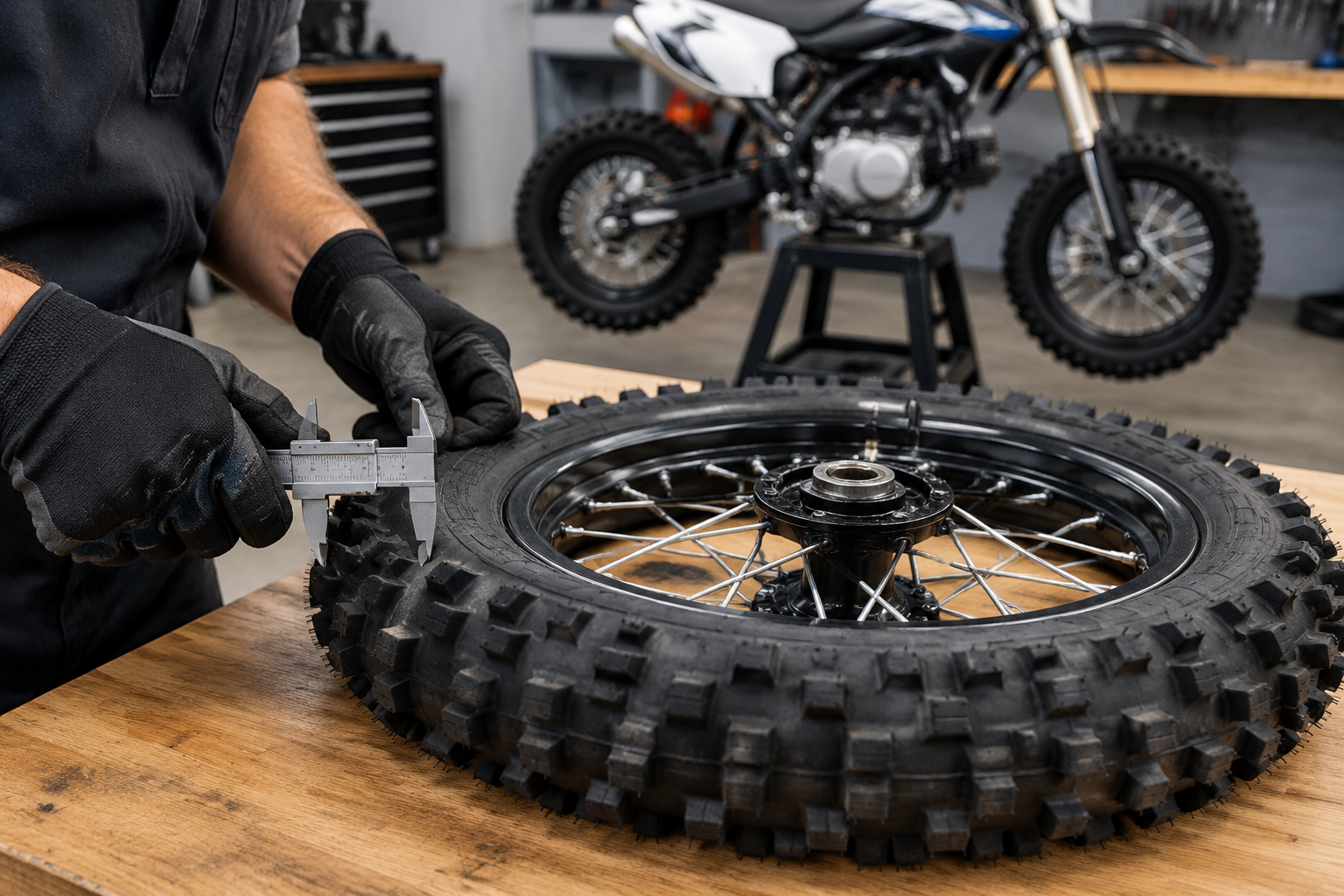 Mechanic measuring a compact pit bike knobby tire on a wooden workshop bench.