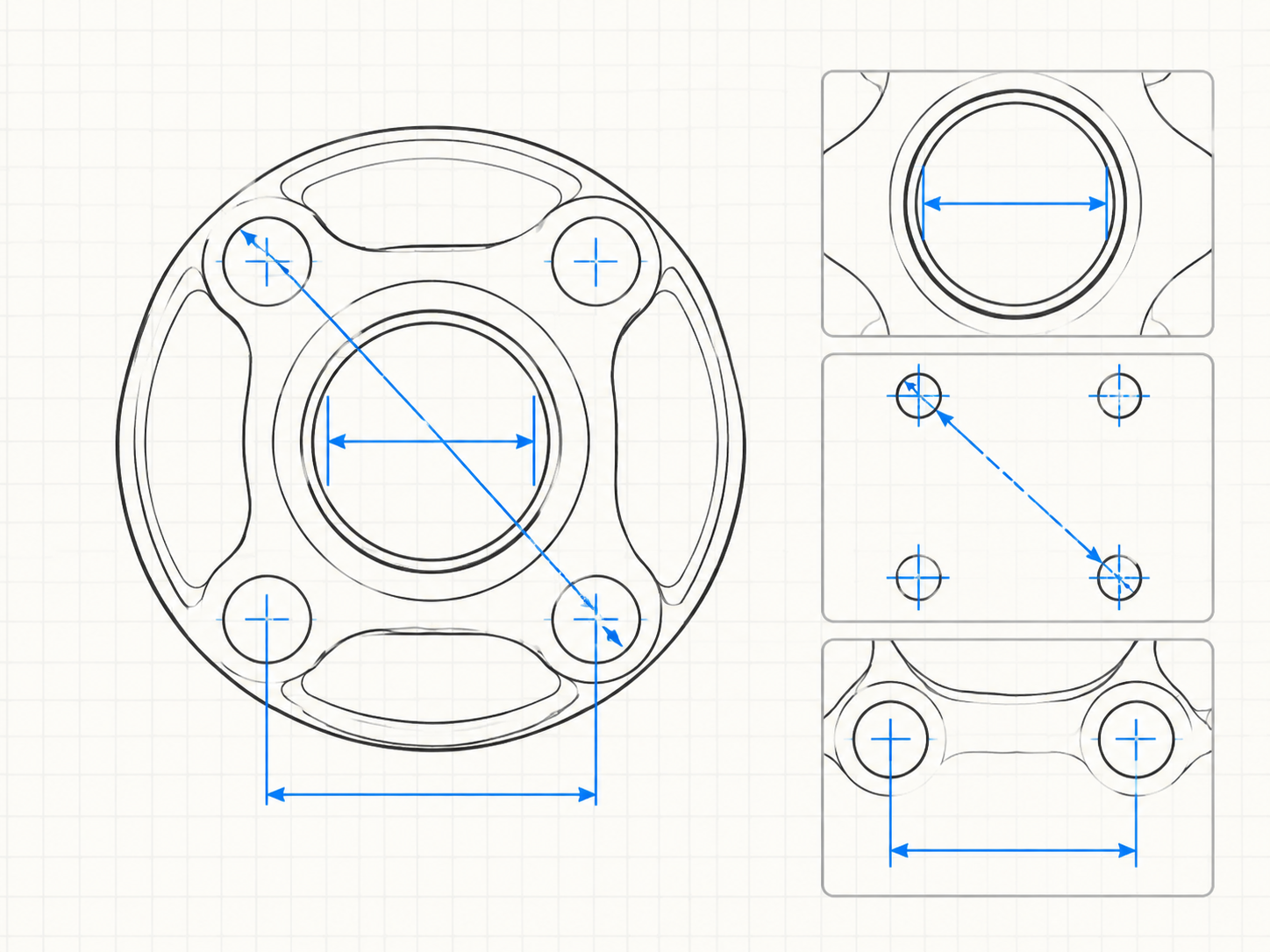 Technical schematic diagram showing how to measure the center bore and bolt pattern dimensions on a pit bike wheel hub.