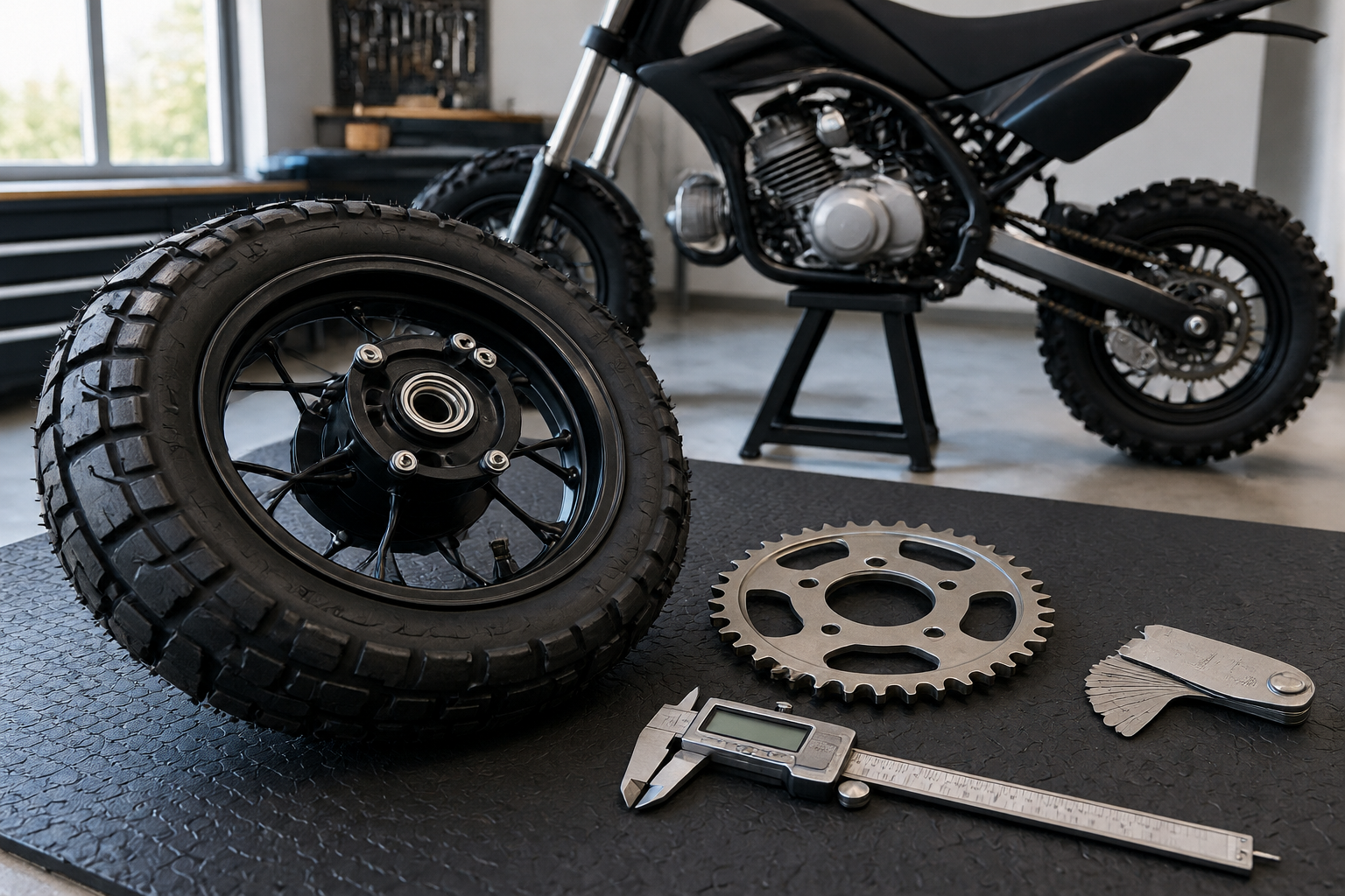 A compact pit bike wheel, sprocket, and digital measuring calipers arranged on a workshop workbench for fitment verification.