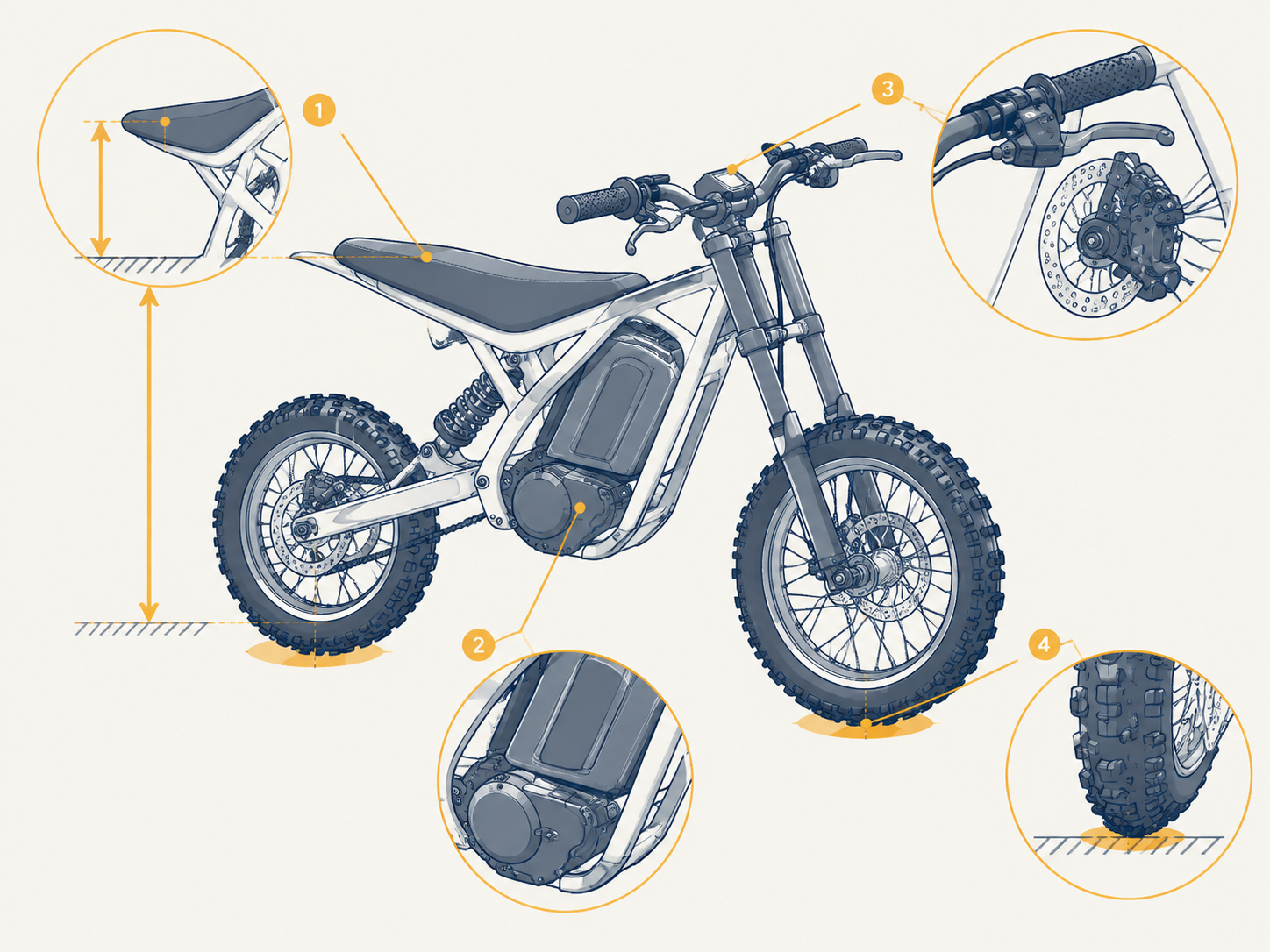 Technical isometric diagram showing critical verification inspection points on a compact electric mini-bike silhouette.