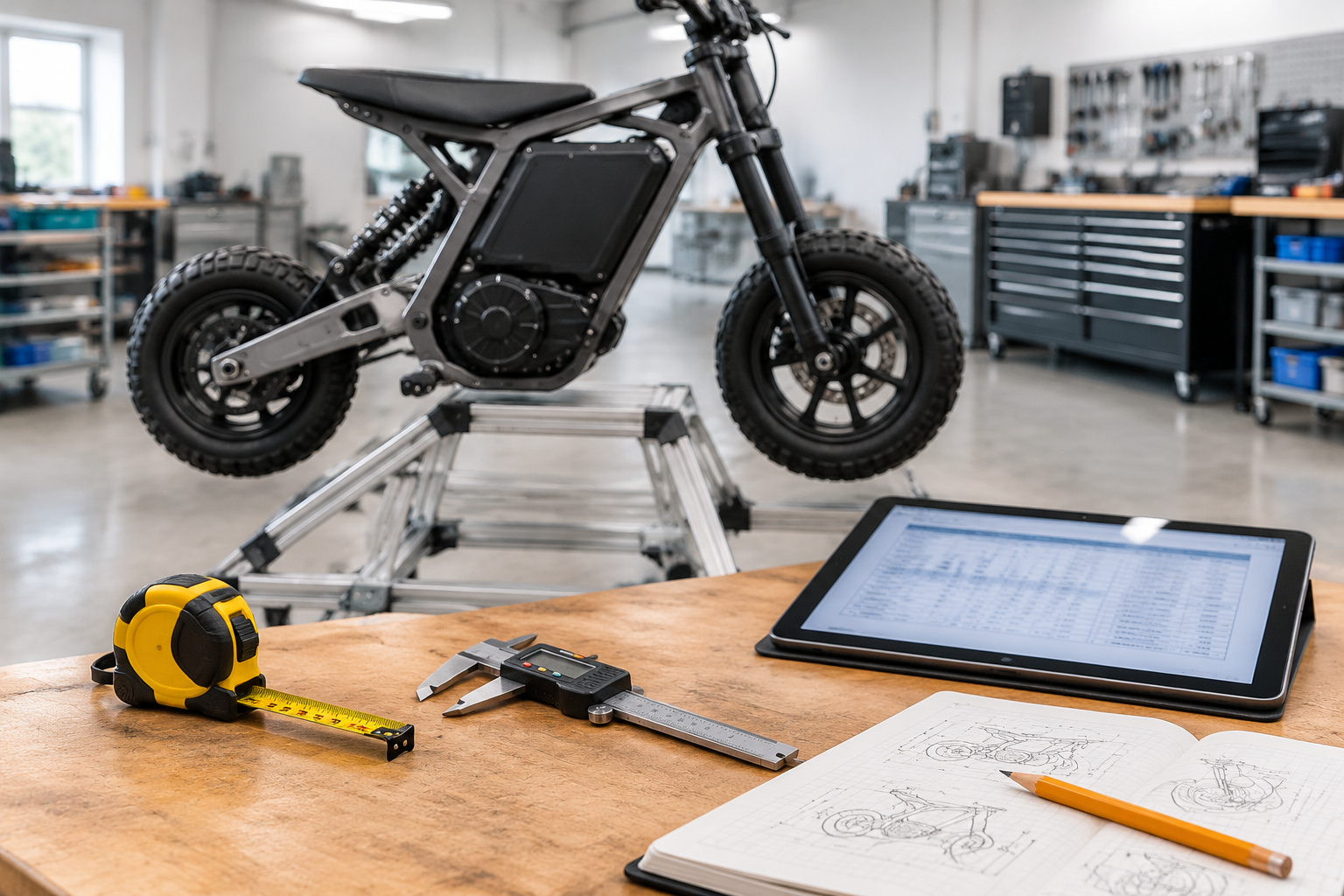 An unbranded compact electric mini-bike on a garage stand next to measuring tape and inspection tools on a workbench.