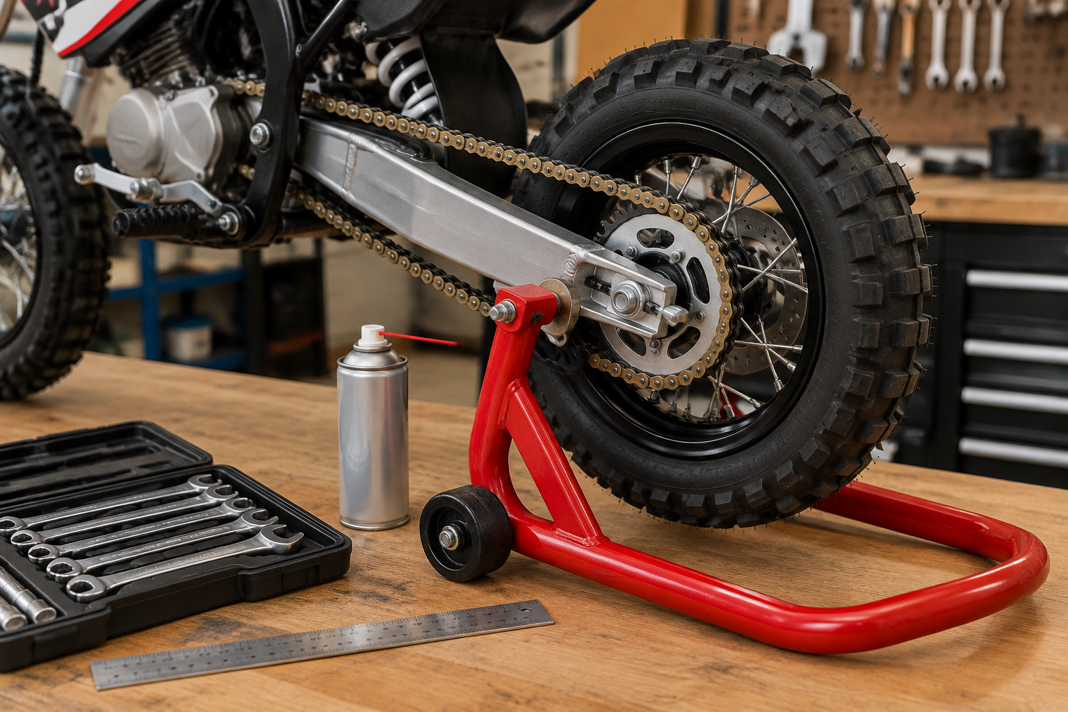 Rear wheel, swingarm, and chain of a pit bike on a paddock stand with adjustment tools and ruler on a garage workbench.