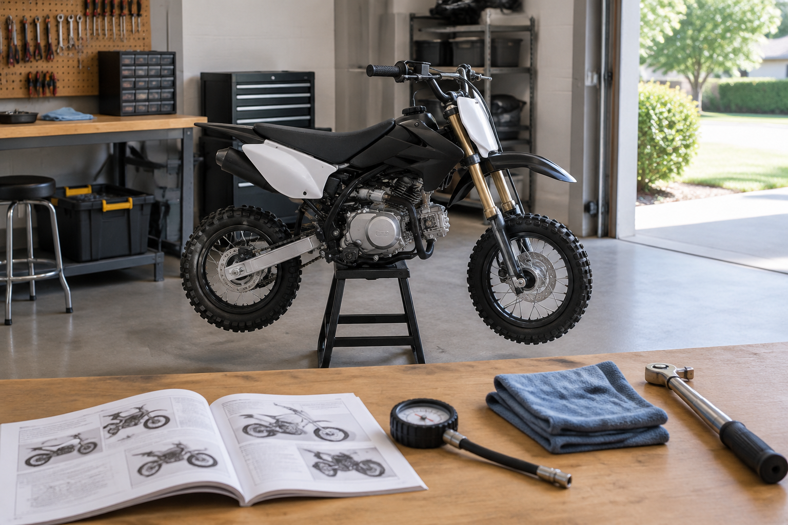 A compact unbranded pit bike on a workshop stand next to a workbench with tools and an open owner's manual.