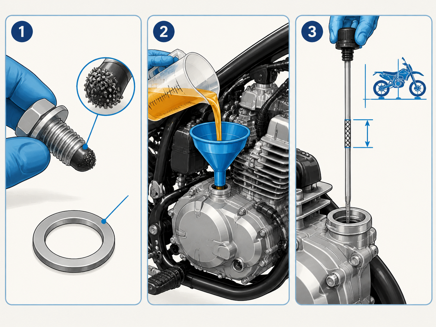 Technical three-panel diagram showing pit bike drain plug inspection, funnel refilling, and upright dipstick level check.