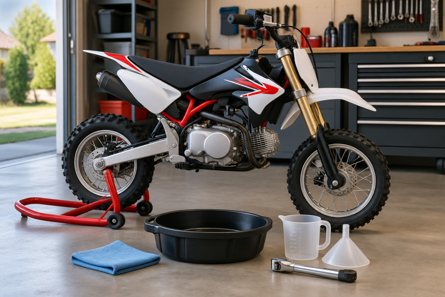 A compact four-stroke pit bike on a garage service stand next to an oil drain pan, funnel, and tools prepared for an oil change.