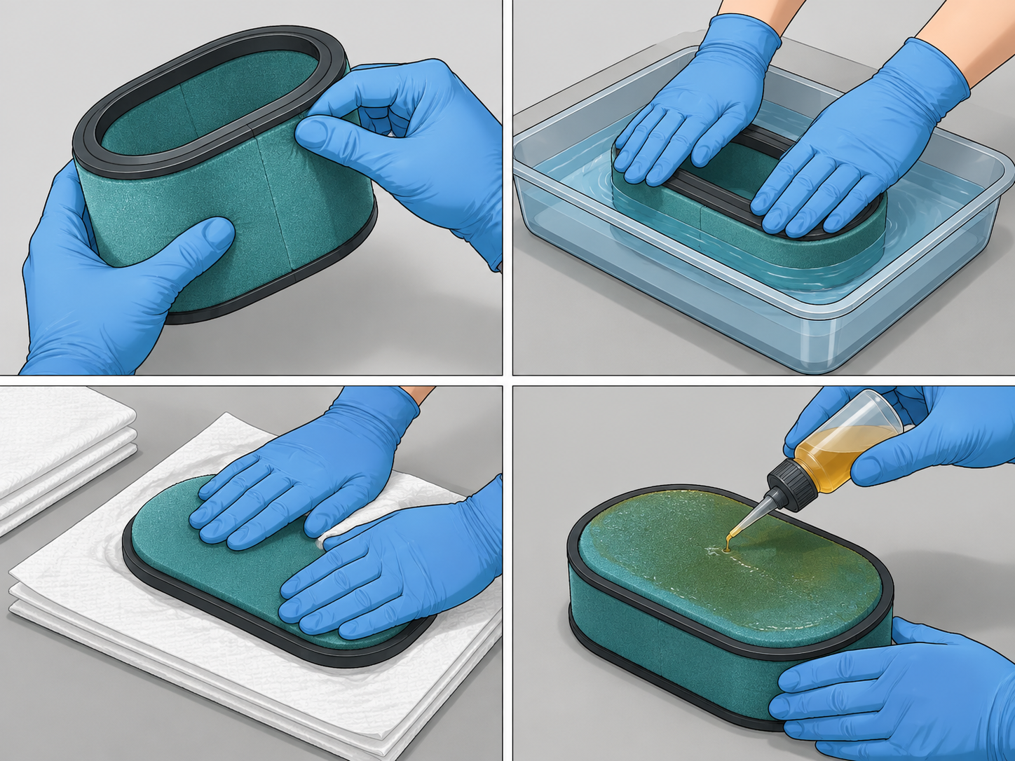 Four-stage instructional diagram showing inspection, gentle washing, flat drying, and even oiling of a foam air filter
