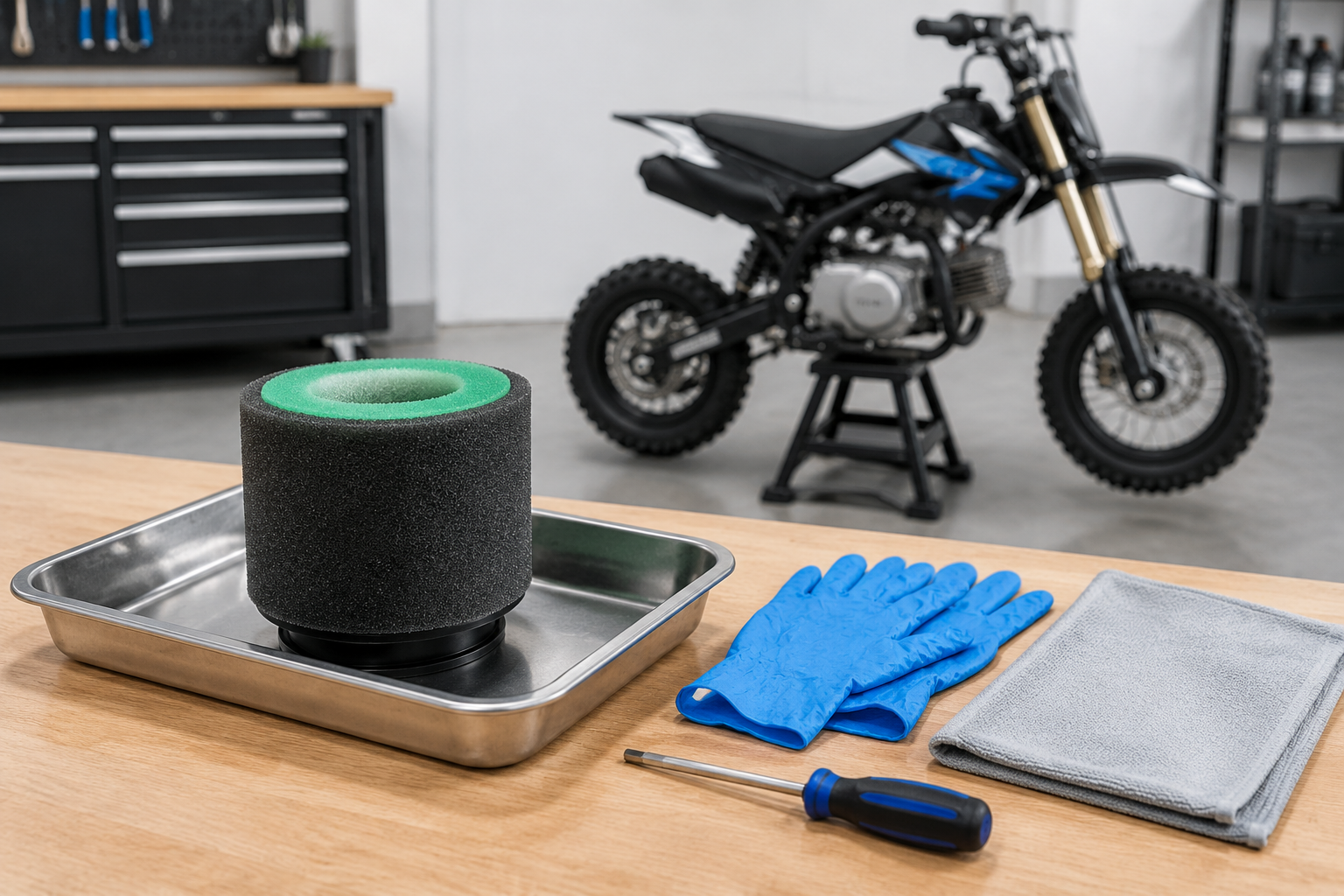 Pit bike foam air filter and maintenance supplies on a workbench in front of a compact pit bike