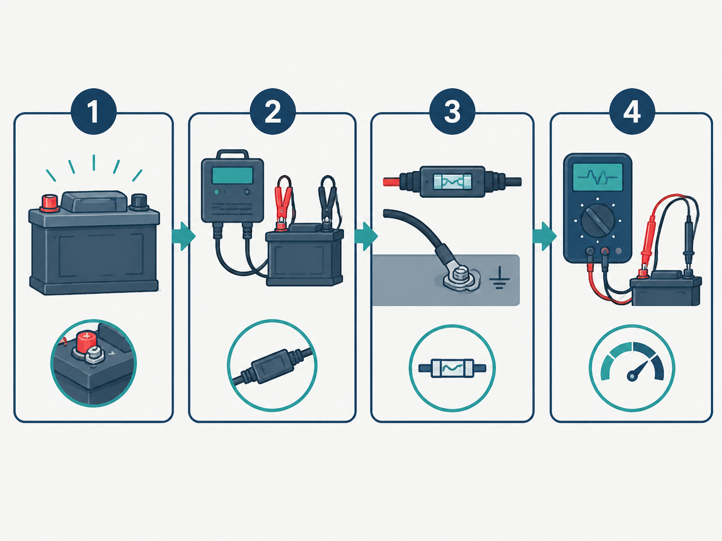 Technical flowchart showing the four-stage diagnostic sequence for inspecting a pit bike charging fault.