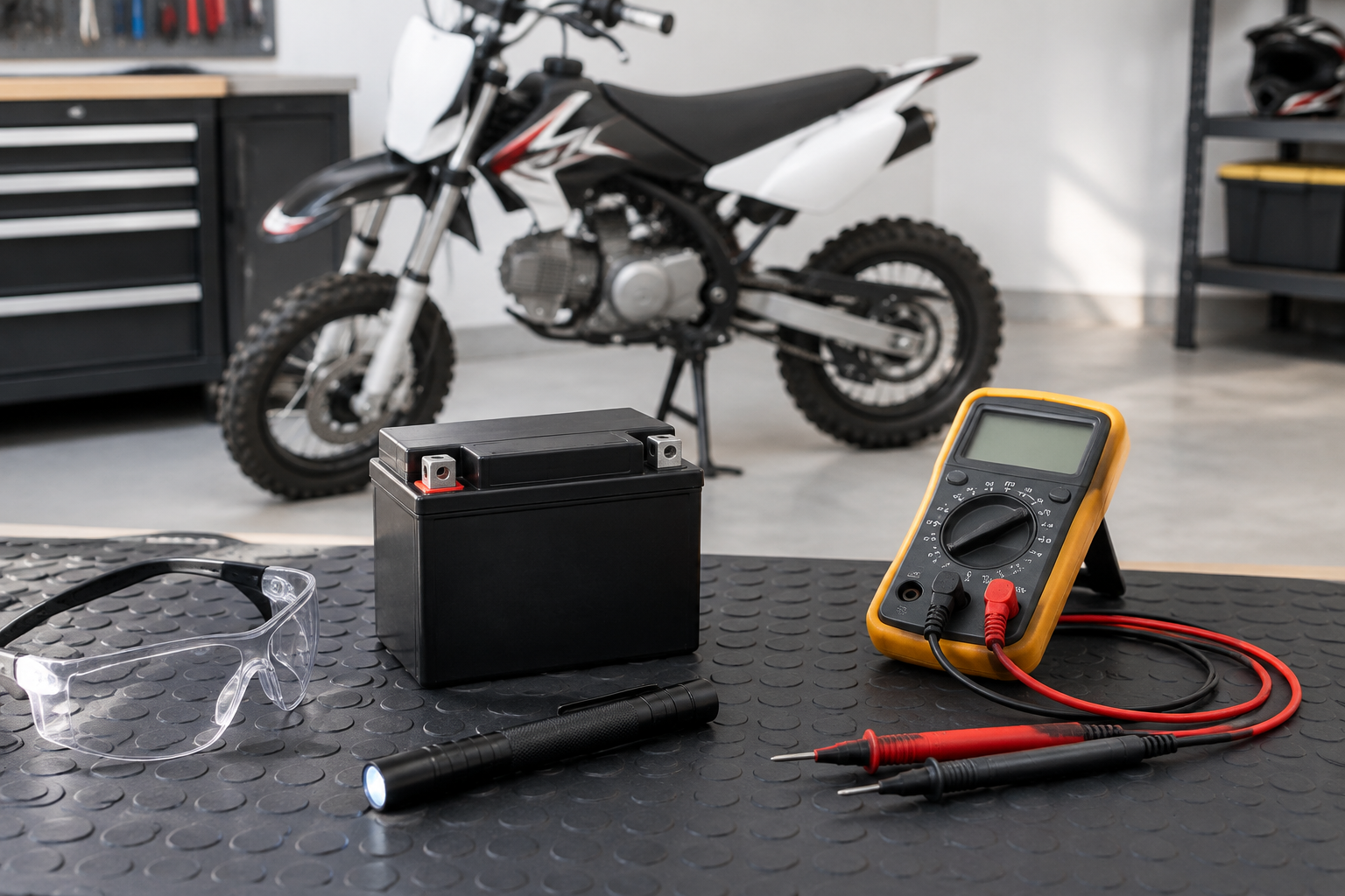 Pit bike battery on a garage workbench beside a multimeter, safety glasses, and test probes.