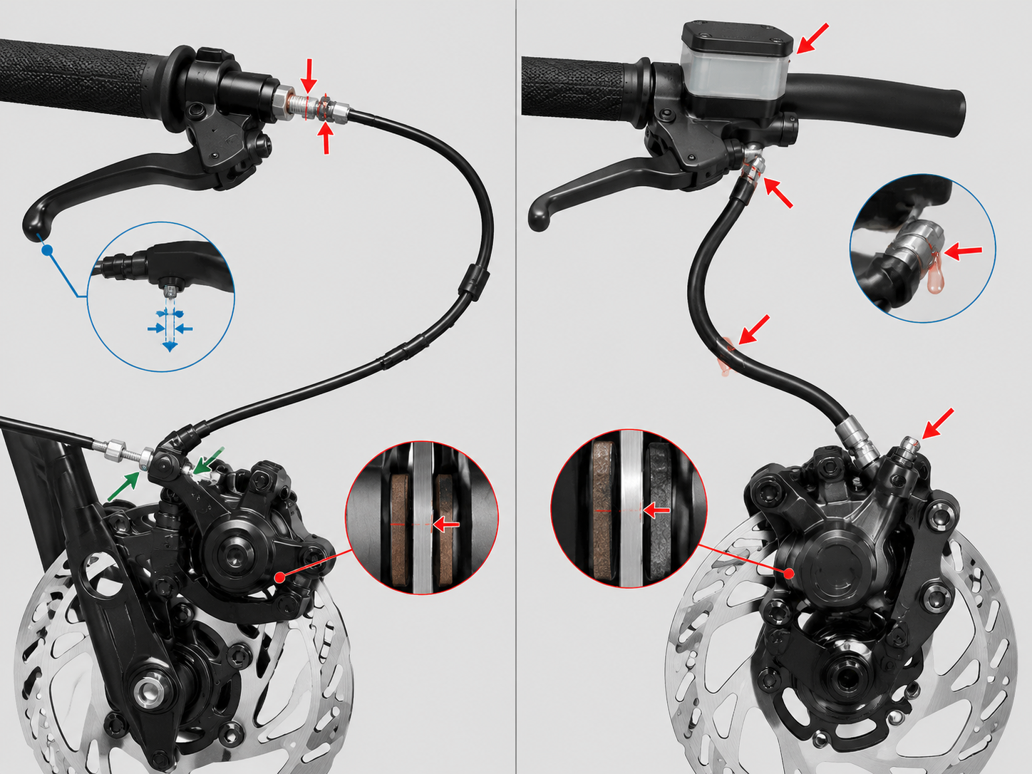 Technical diagram comparing cable-operated and hydraulic pit bike brake assemblies and their primary inspection and adjustment points.