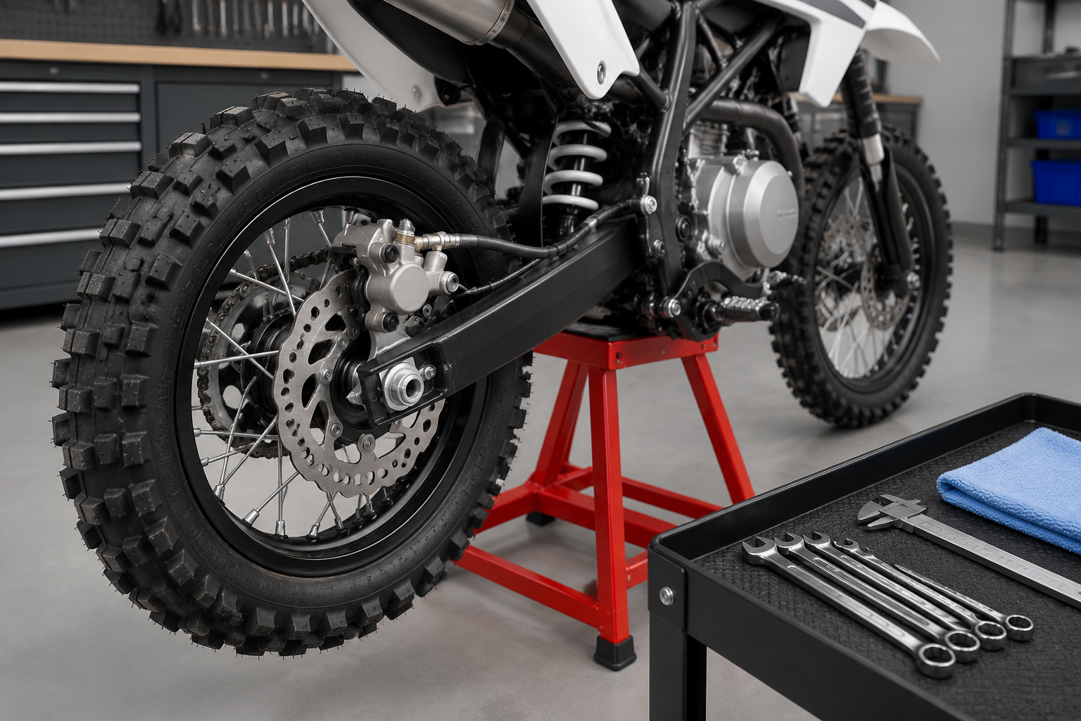 Close-up view of a pit bike disc brake assembly mounted on a bike stand with metric hand tools arranged nearby for inspection.