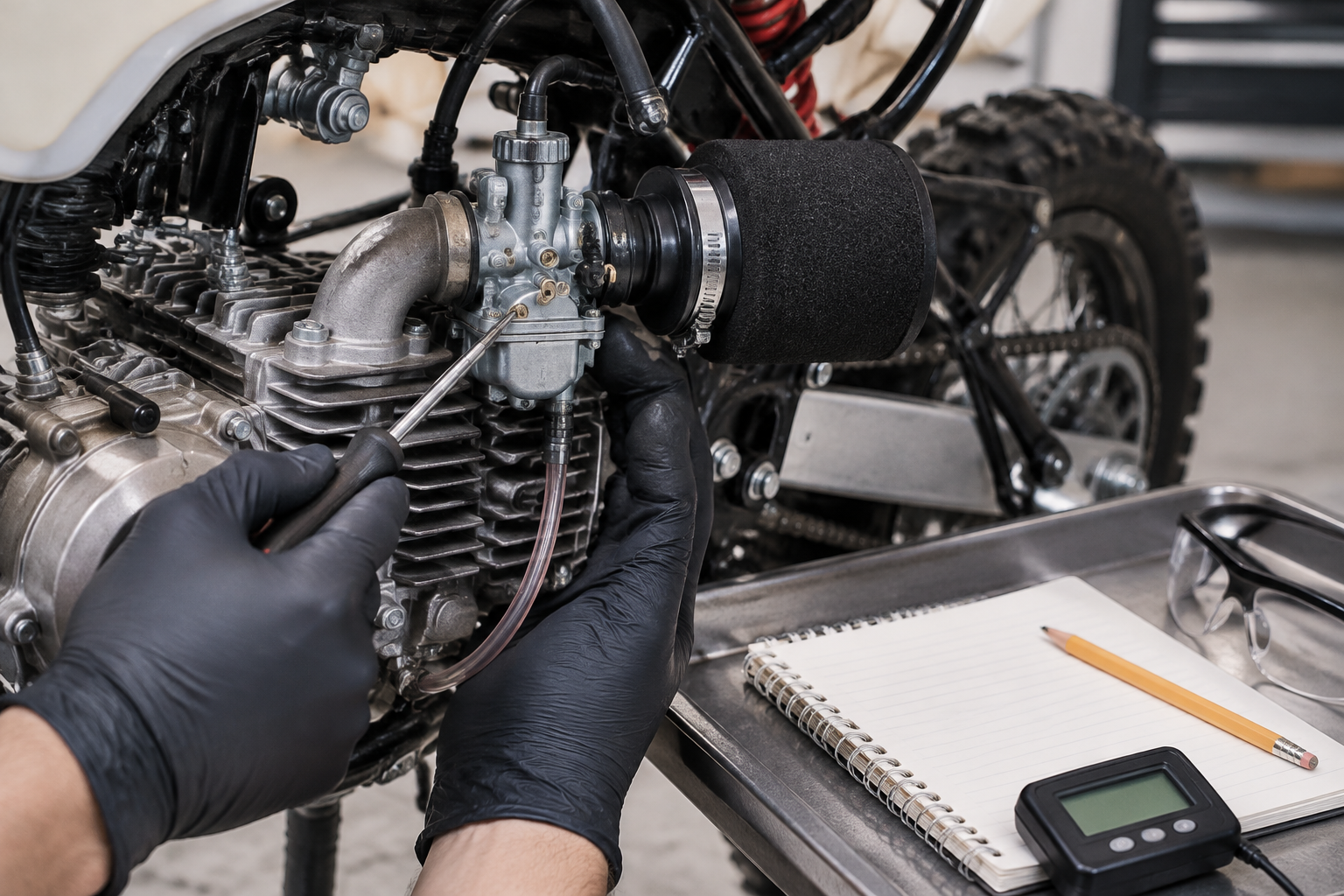 Carburetor on a compact pit bike engine with adjustment tools and a baseline recording notebook on a workshop bench.