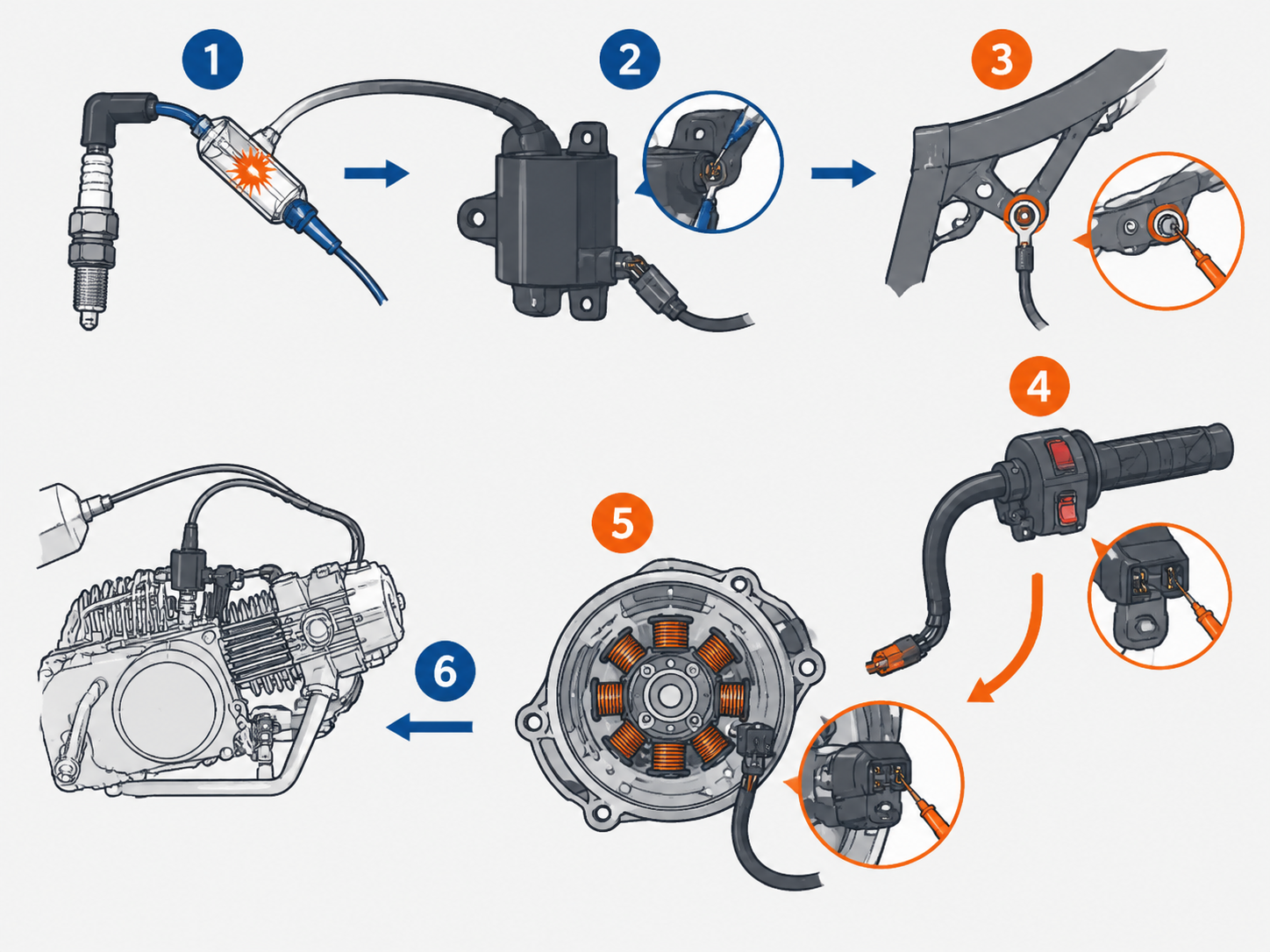 Step-by-step technical schematic diagram showing the diagnostic order of electrical checkpoints on a pit bike ignition circuit.