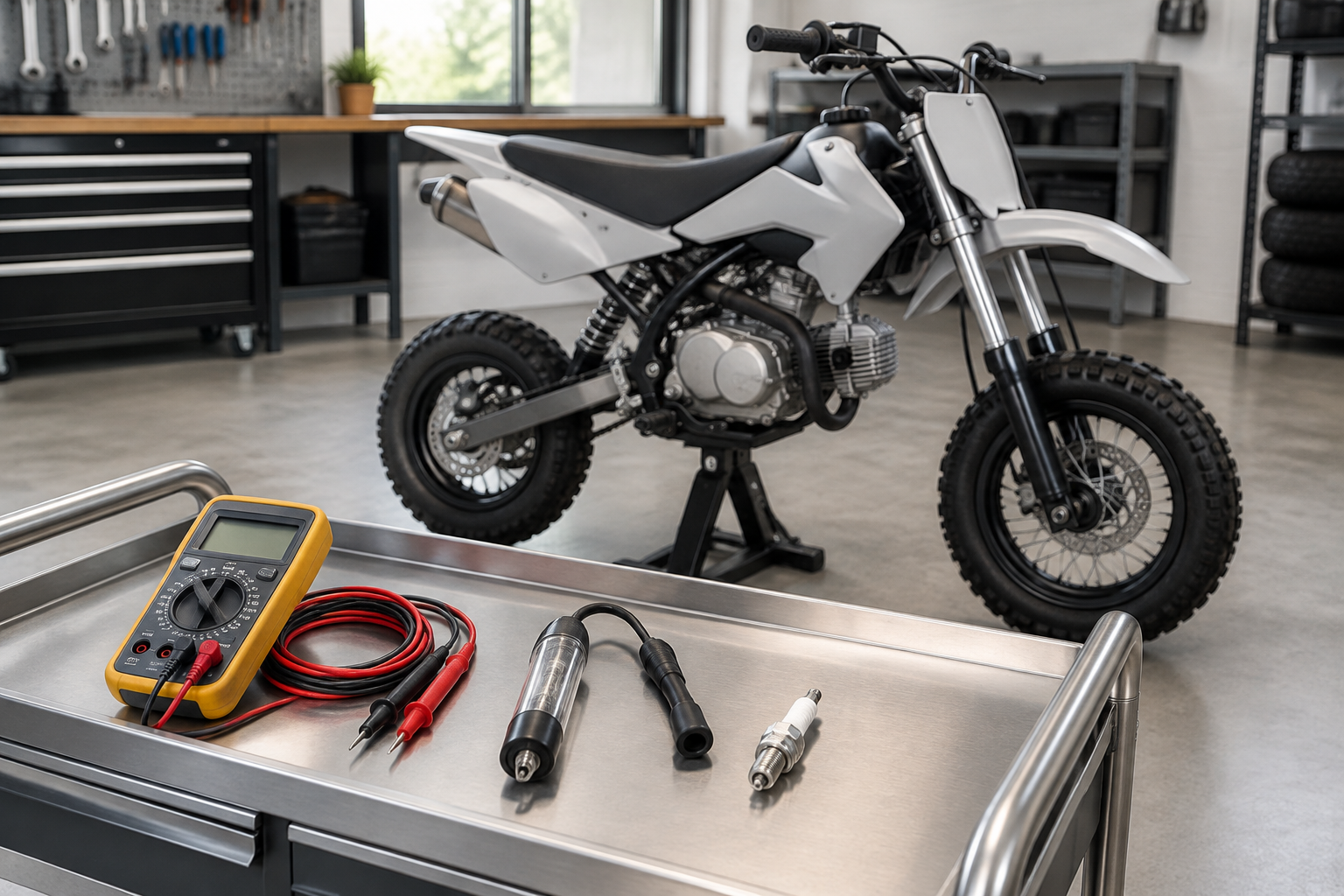 Diagnostic multimeter and spark testing tools arranged beside a compact pit bike on a workshop stand.