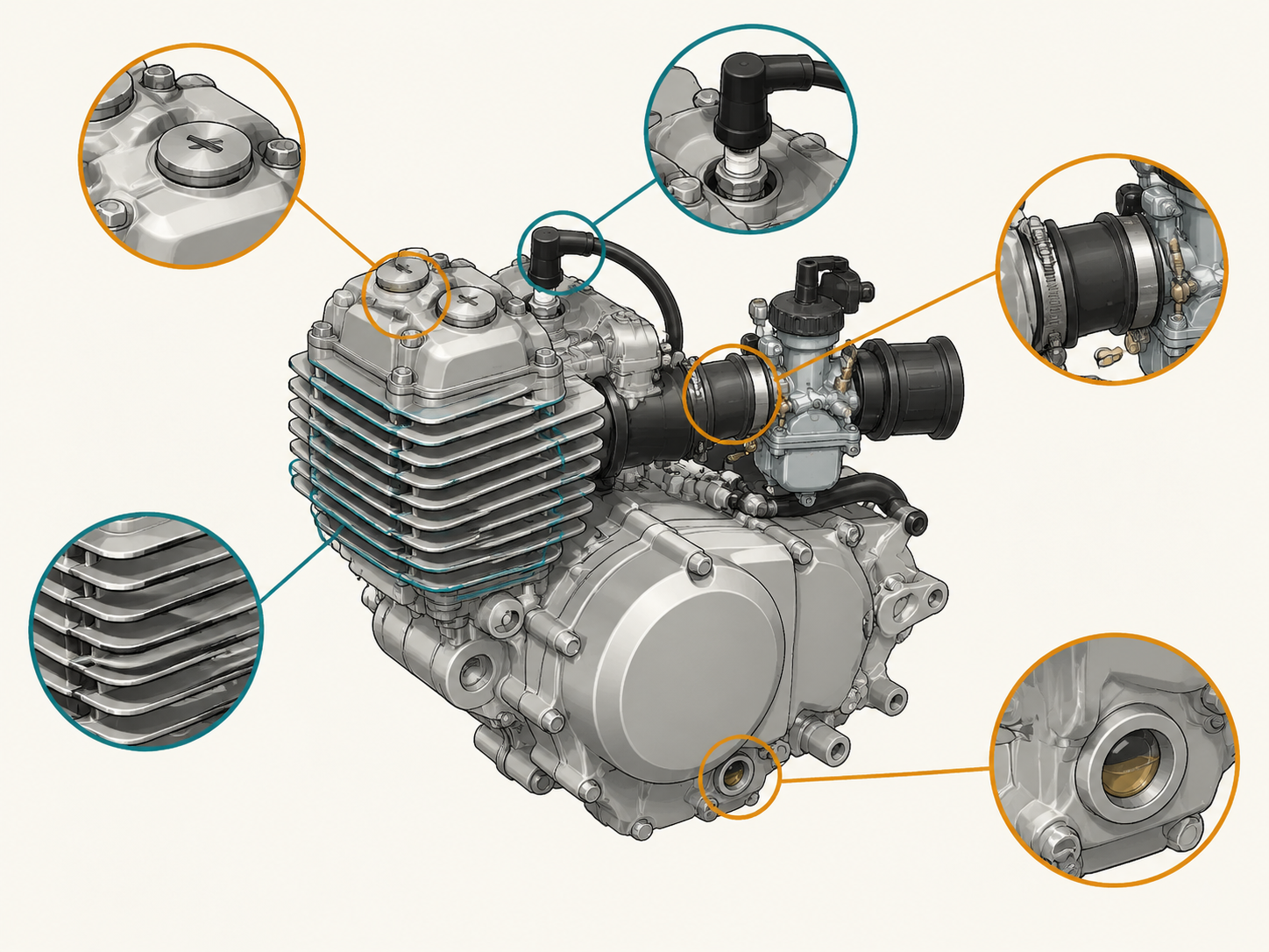 Technical diagram illustrating the key overheating inspection points on an air-cooled horizontal pit bike engine, including cooling fins, intake manifold, valve caps, and oil port.