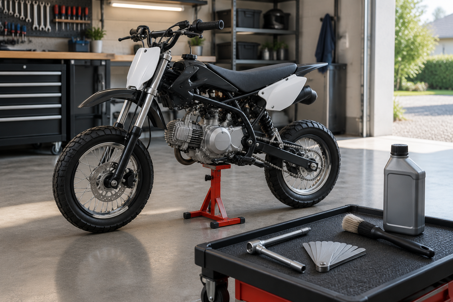 A small air-cooled pit bike positioned on a workshop service stand with diagnostic maintenance tools resting nearby on a tray.
