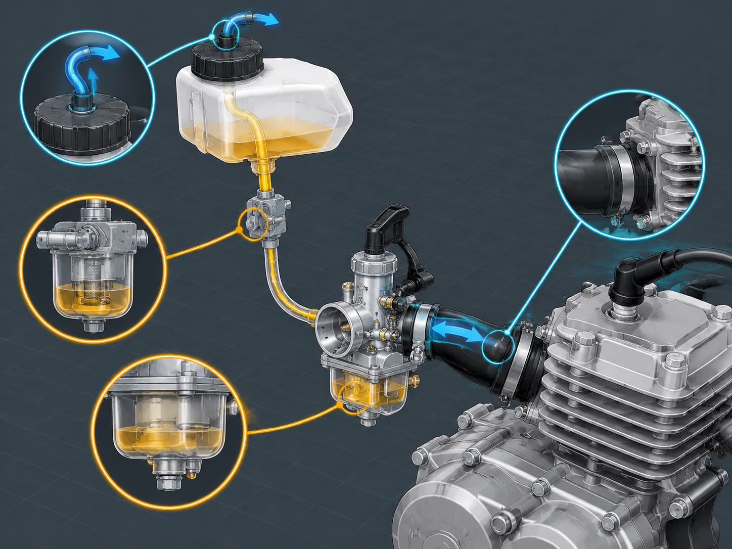 Technical schematic diagram showing the diagnostic inspection sequence from fuel cap vent down through the petcock, carburetor, and intake manifold boot on a small pit bike.