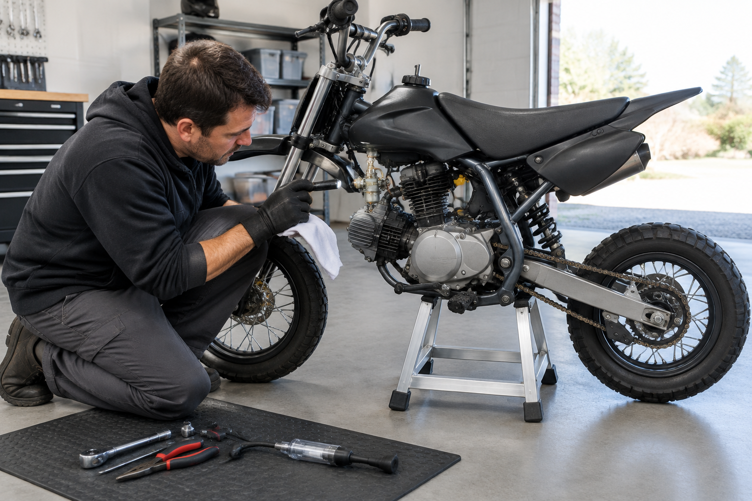 A compact pit bike mounted on a workshop stand during fuel system and carburetor inspection.