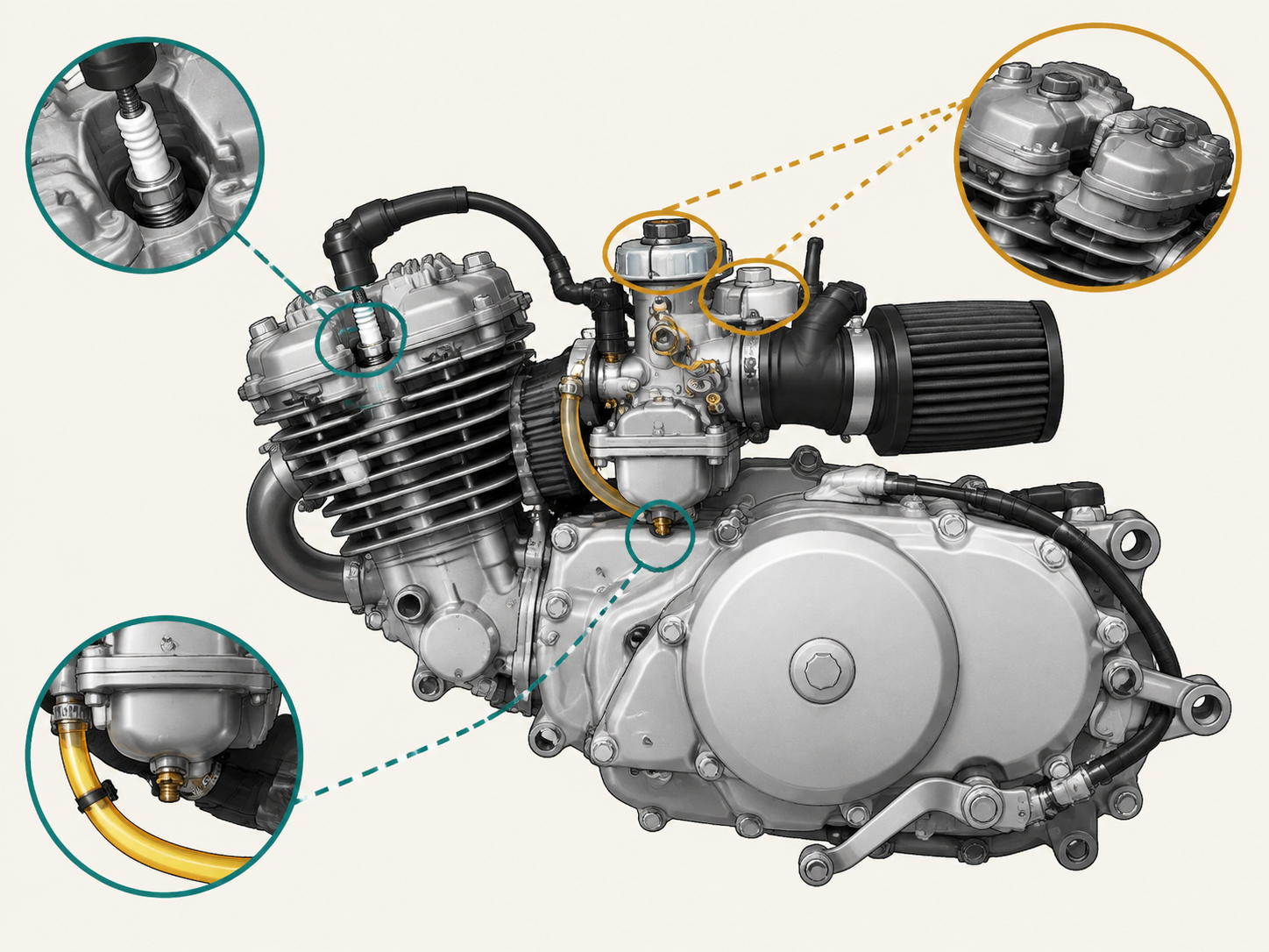 Technical diagram highlighting the three primary diagnostic check areas on a horizontal pit bike engine: spark plug, fuel supply, and valve head.