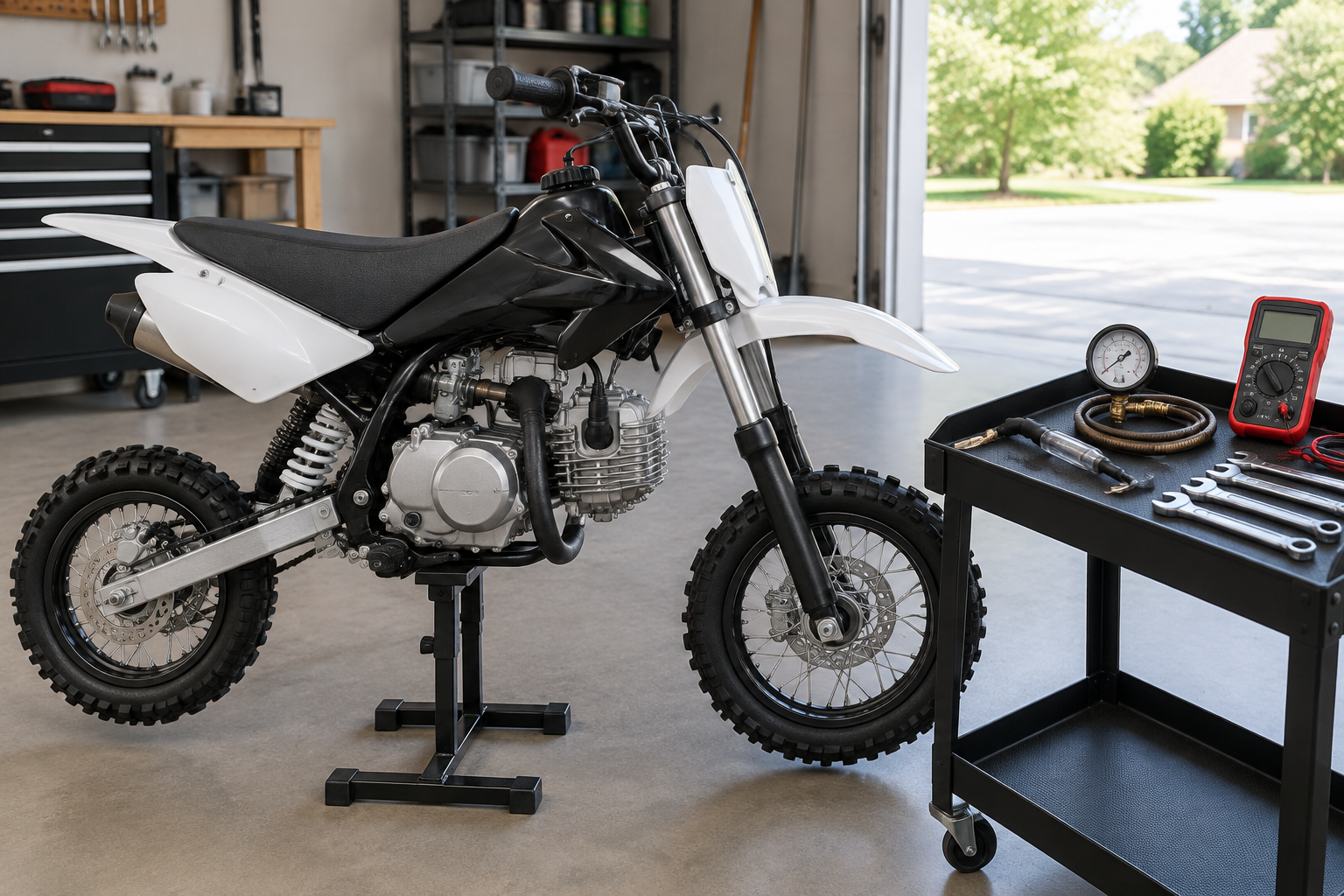 Unbranded pit bike on a workshop stand next to basic diagnostic tools for spark, fuel, and compression testing.