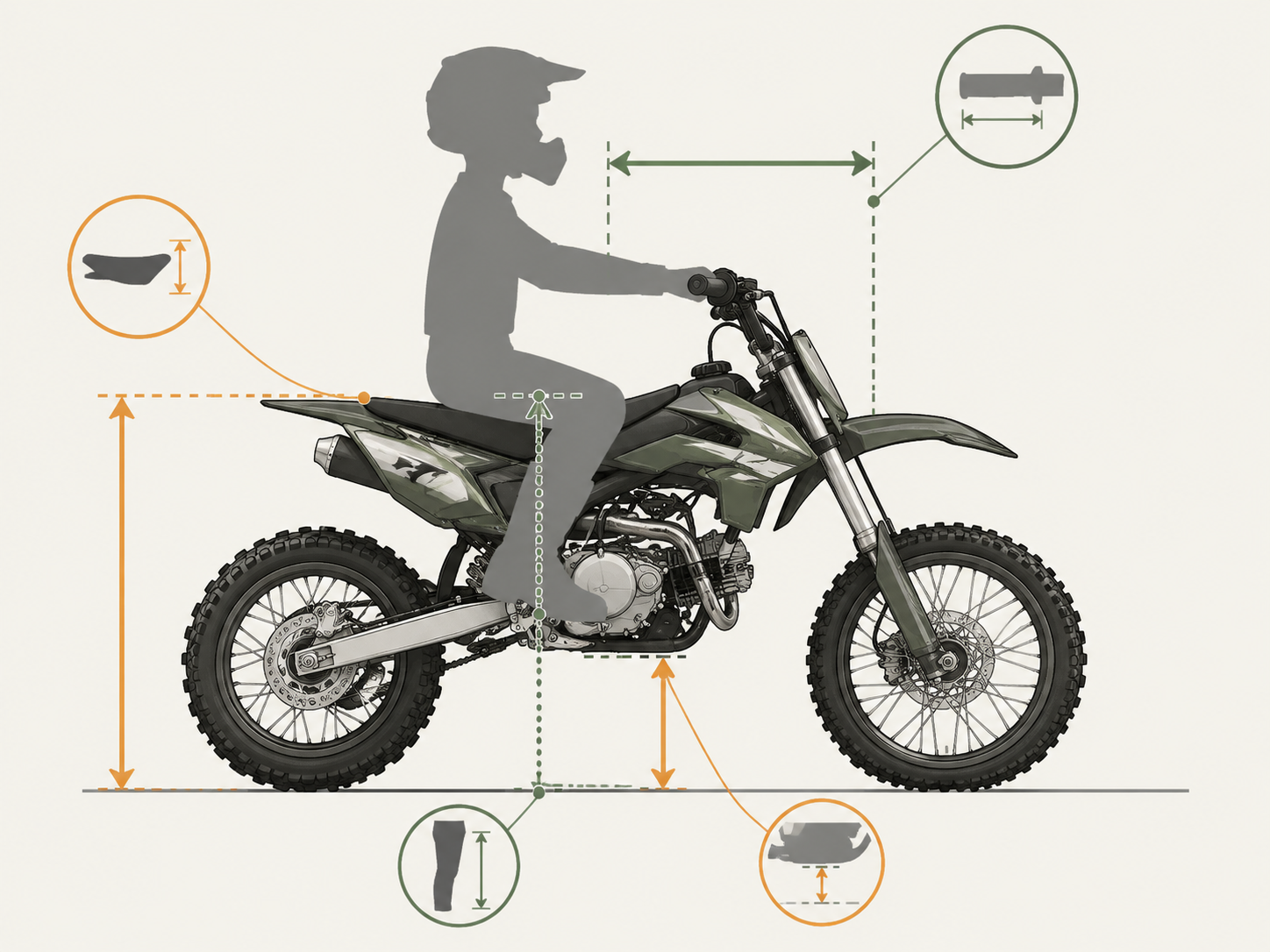 Technical silhouette diagram illustrating seat height measurement relative to youth rider inseam and reach zones.